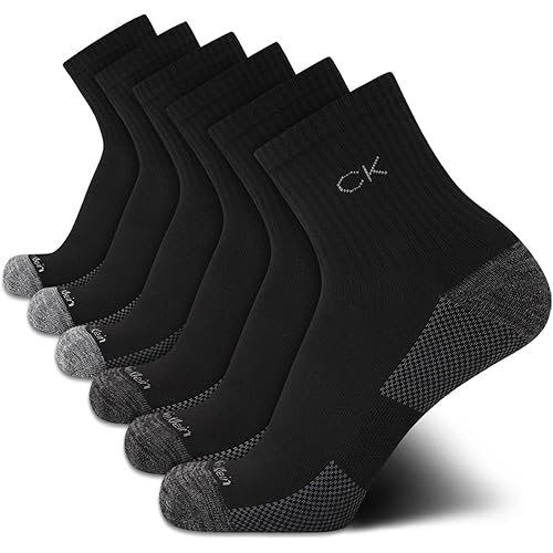 Calvin Klein Mens Quarter Socks - 6 Pack Performance Cushioned High Quarter Cut Athletic Socks for Men With Arch Support