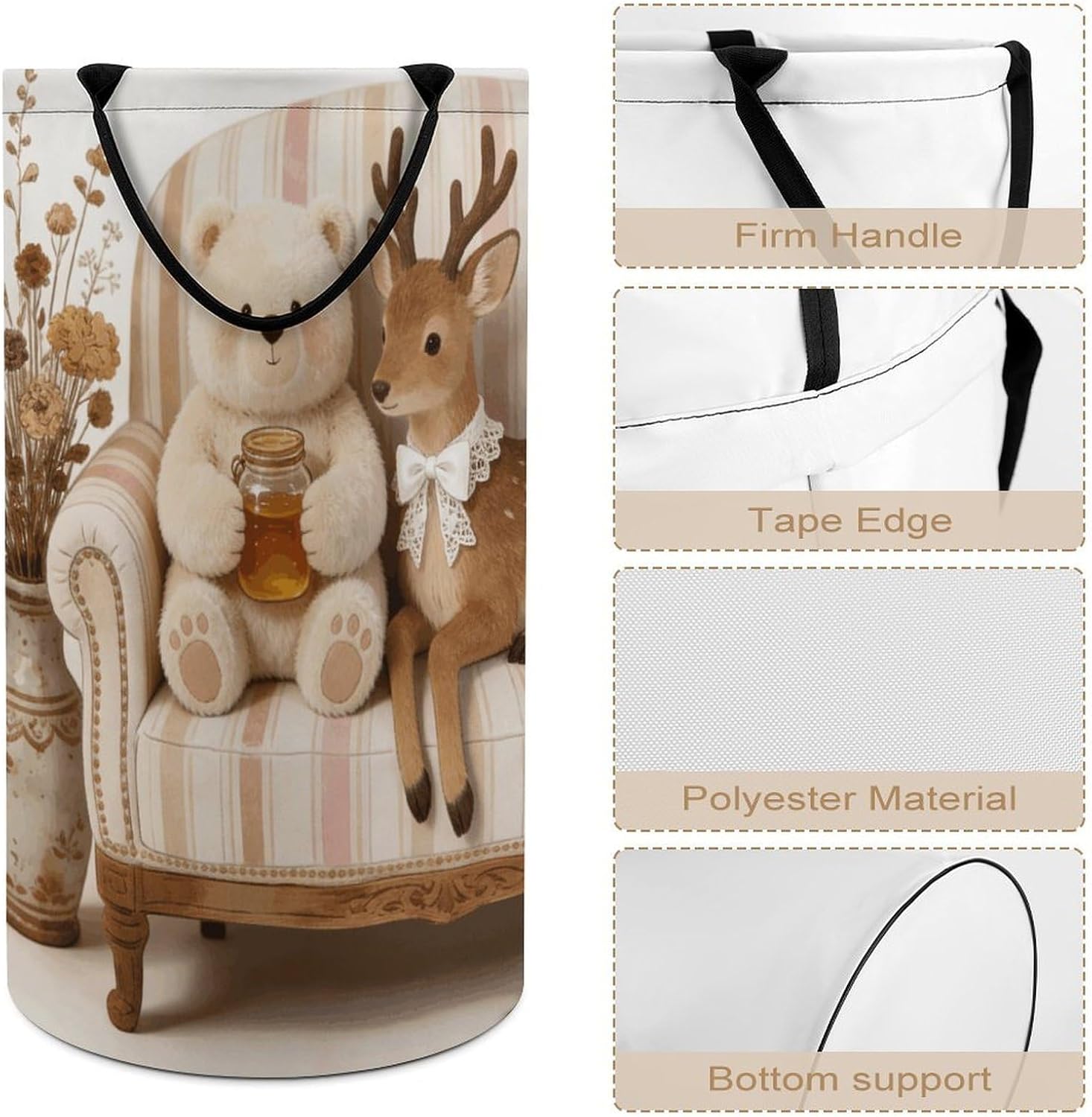 Vintage Bear Deer Laundry Hamper with Handles Waterproof Collapsible Laundry Basket Large Lightweight Round Dirty Clothes Hamper for Home Dorm Bathroom Decor