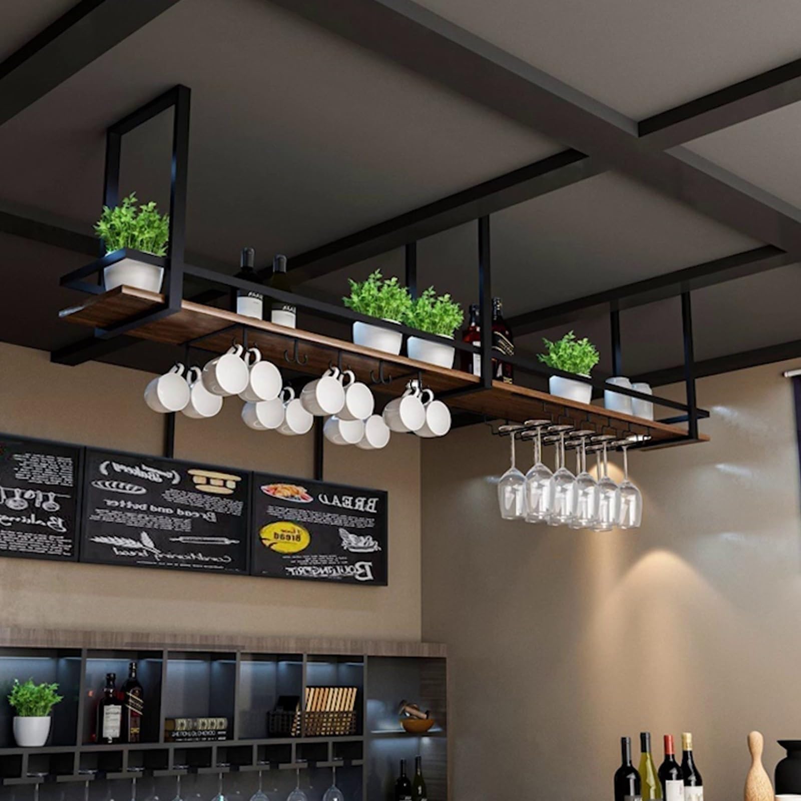 Rangement suspendu de plafond étagère fer vintage cuisine bar salle à manger 100cm