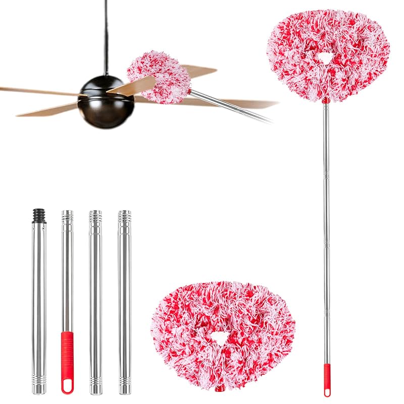 Espanador para Ventilador de Teto em Microfibra de Poliéster com Haste Extensível e Cabeça Flexível Heonay, 33 a 126,2 cm, Vermelho e Branco, 1 unidade
