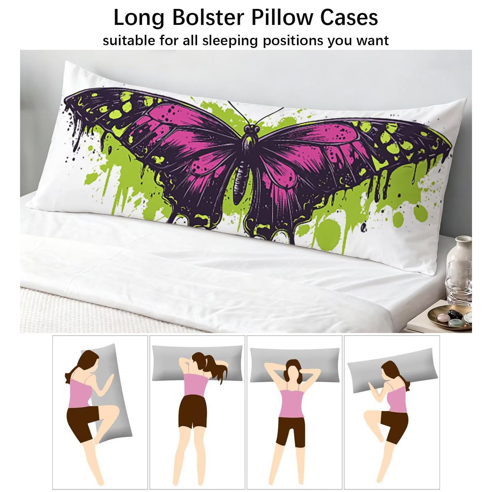 Długa poduszka do spania na biodrze 180 x 60 cm, poszewka na poduszkę dla zwierząt poduszka do łóżka, motyl aksamitna poszewka na poduszkę, wsparcie ciążowe Idealny do spania na biodrze, dekoracyjna