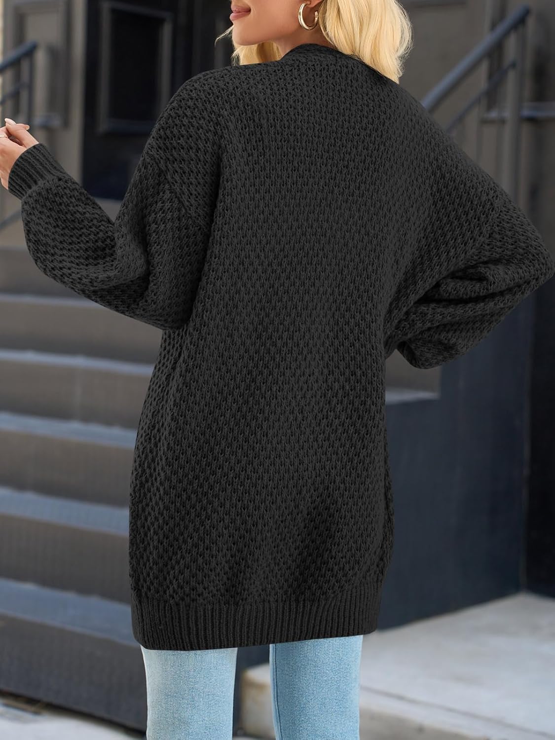 Saodimallsu Womens Oversized Open Front Cardigans Fall Chunky Knit Lantern Long Sleeve Sweater Coats with Pockets - Image 4