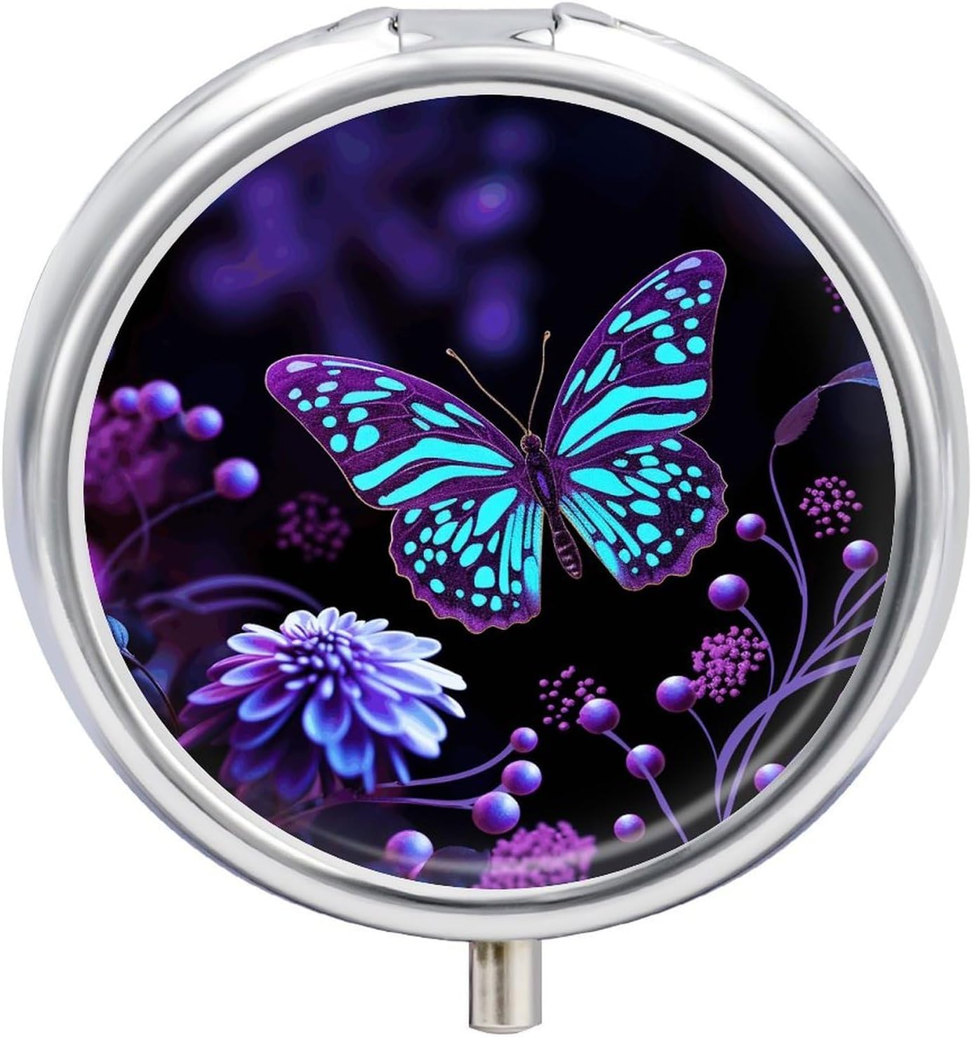 Purple Butterfly and Flowers Pill Case 3 Compartment Travel Pill Box