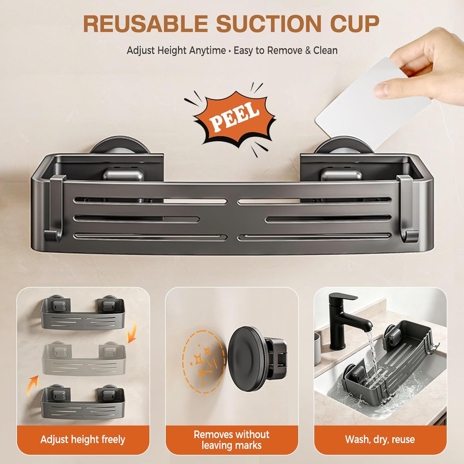 Lekesky Suction Cup Shower Caddy, No Drill Shower Shelf, Aluminum Rust Proof Bathroom Shower Organizer with 12 Hooks (2-Pack, Gunmetal Gray