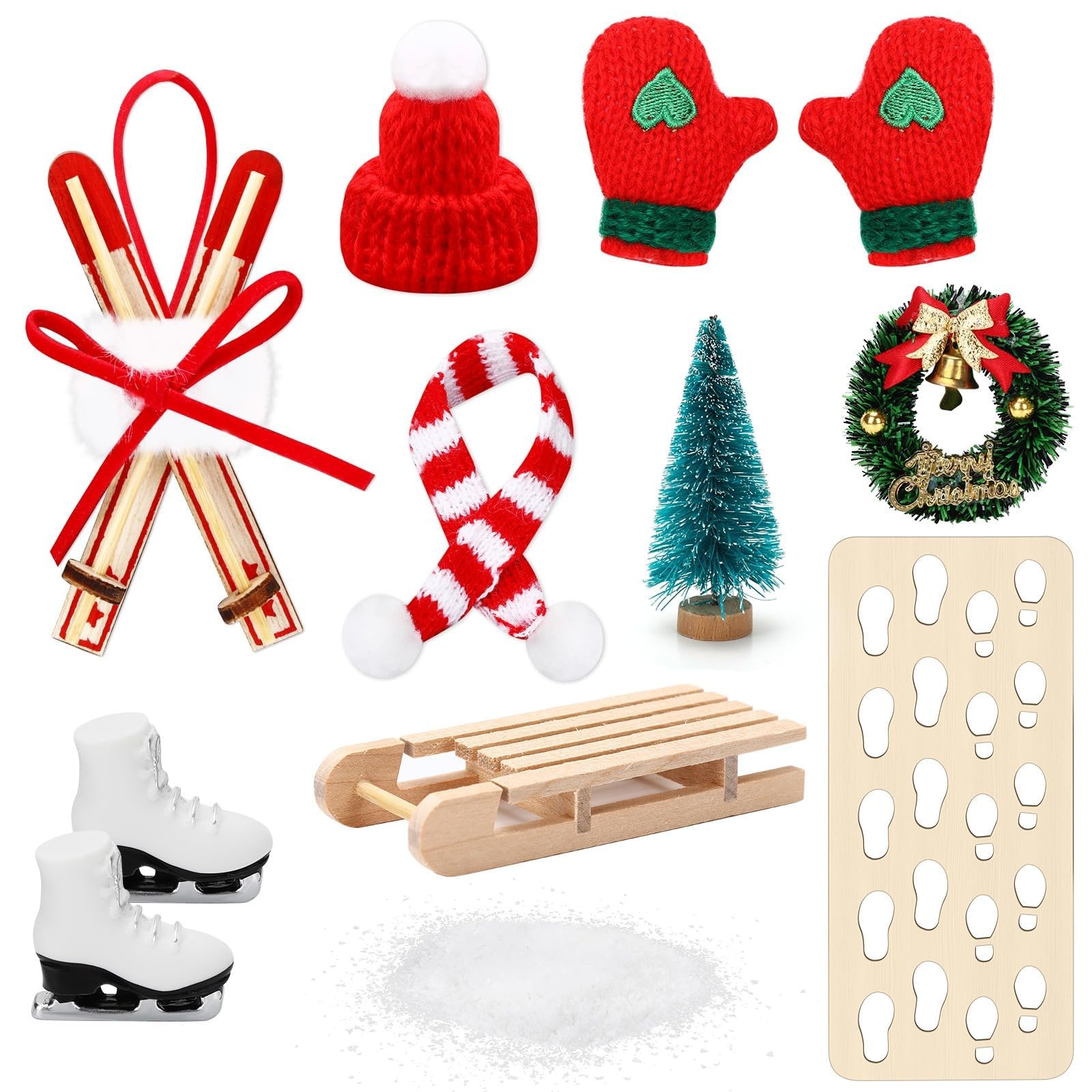 MARFOREVER Miniature Christmas Sleigh Decoration Set, 10-Piece Accessories with Ski Boots, Snowflakes, Reindeer Tracks