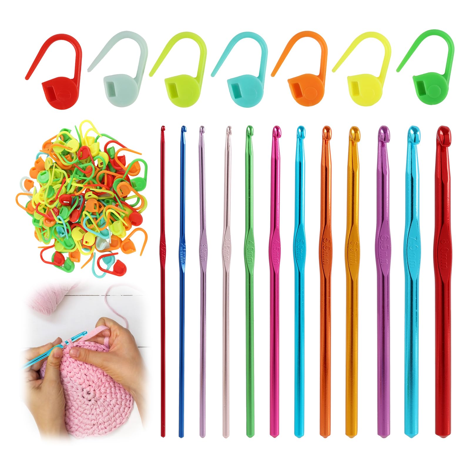 112 Pcs Crochet Hooks Set, Multicolour Aluminium Crochet Hooks, 12 Size Crochet Needles with 100 Stitch Markers Kit for Knitting Yarn Craft, Crochets Set for Beginners and DIY Projects (2.0-8.0 mm)