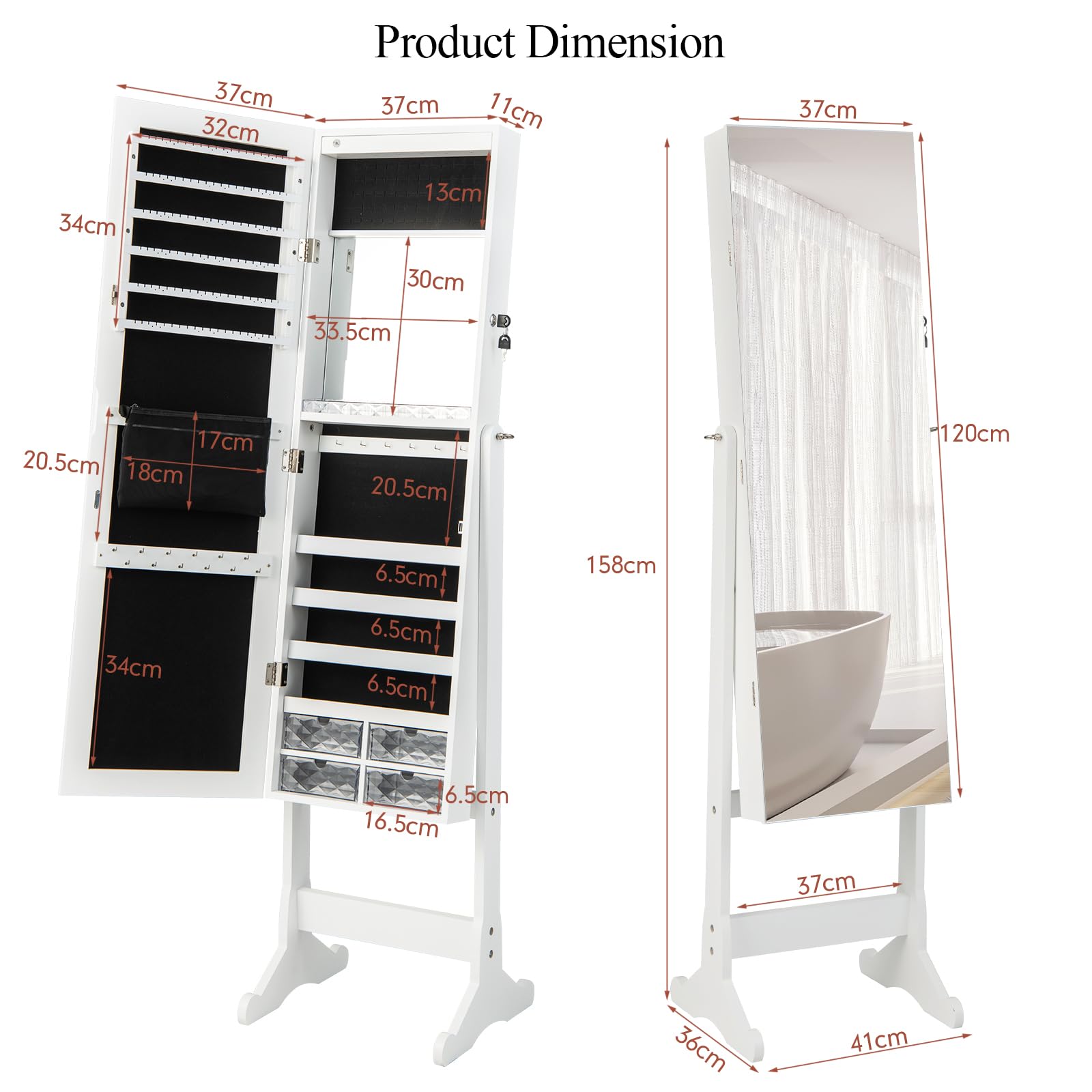 HOMASIS Specchio Portagioie da Terra con Luce LED, Armadietto con Serratura, Armadio Regolabile con Specchio a Figura Intera, 41 x 36 x 158 cm, Bianco