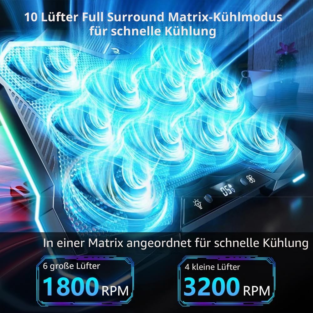 G-STORY Laptop Kühlpad,Laptop Kühlpads für 12-18 Zoll Notebook,10 Lüfter mit LEDs,Laptop Cooling Pad 8 höhenverstellbare Stände und 1 USB Port