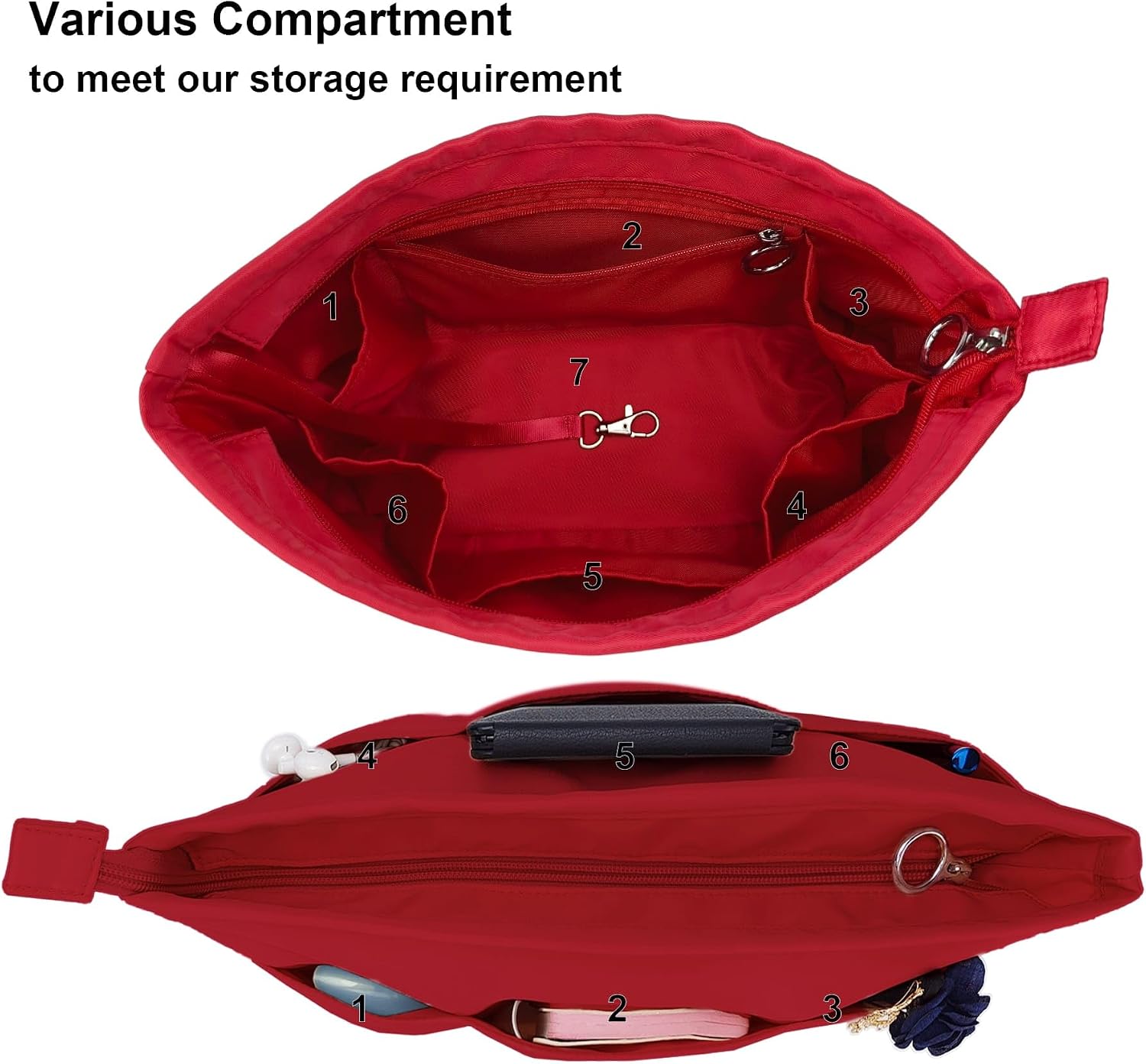 Purse Organizer Insert Tote Handbag Divider, Medium, Red