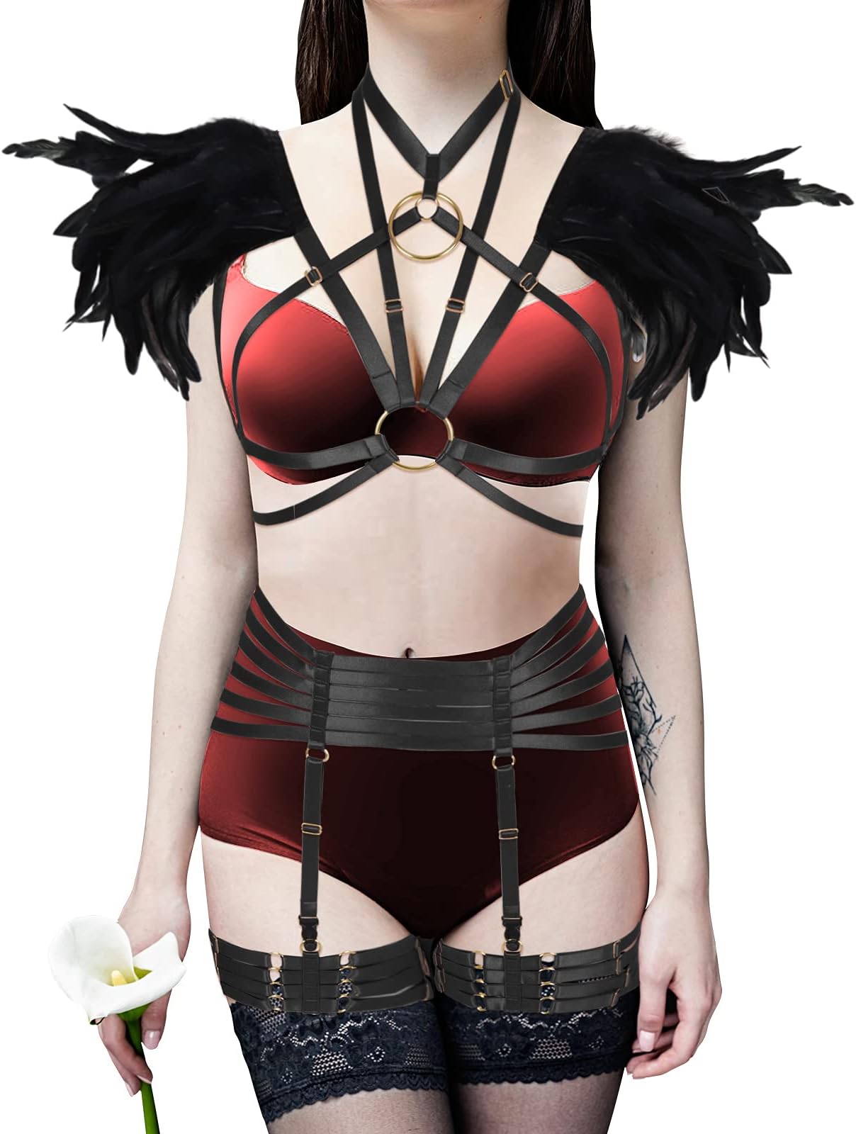 Women Body Harness Feather Garter Belt Cape Stole Black Shrug Shawl Poncho Shoulder Punk Goth Rave Clothing