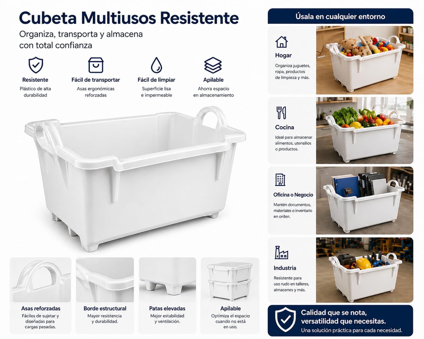 Cubeta plastico Apilable 20L | Caja Plastico Almacenaje Resistente y Ergonómica, Polietileno, 650x450x230mm | Uso Alimentario y Industrial | Fácil Limpieza y Ahorro de Espacio