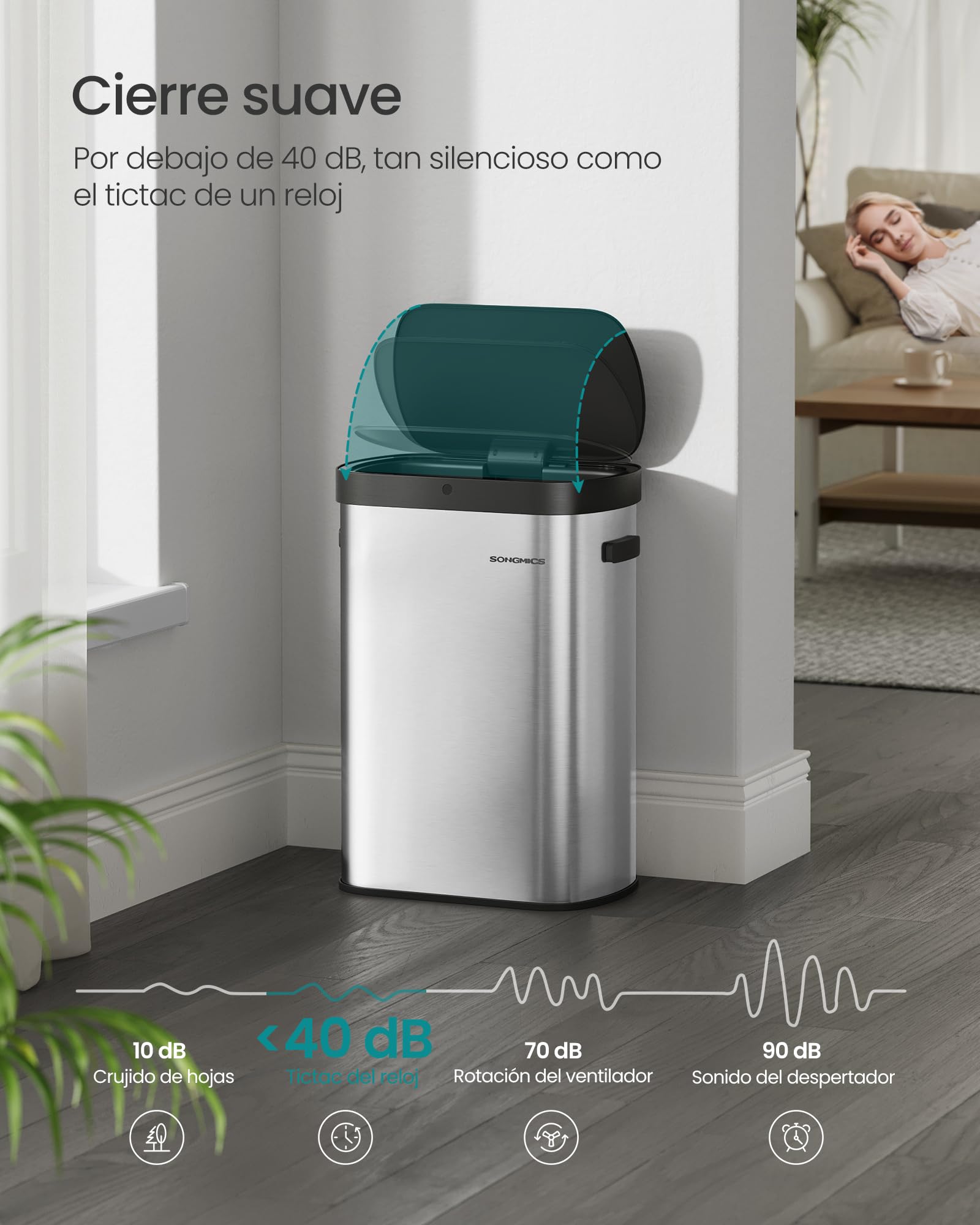 SONGMICS Cubo de Basura de Cocina con Sensor de Movimiento, Papelera Automática de 50 L, Tapa de Cierre Suave, Acero, Incluye 15 Bolsas, Plata Metálica y Negro Tinta LTB640E01