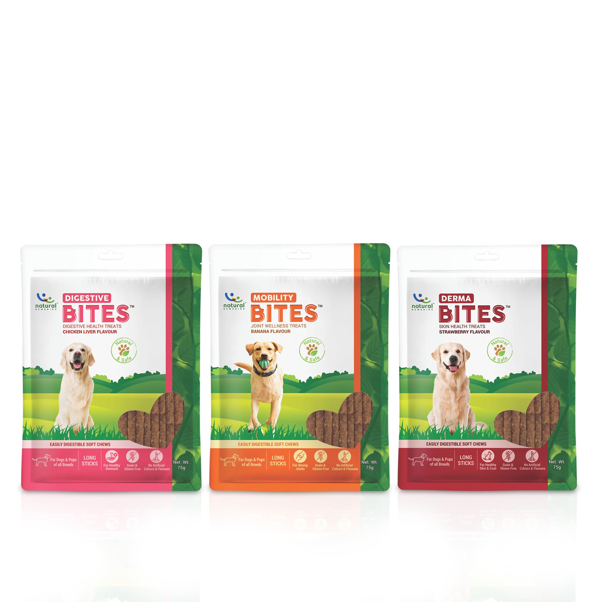Natural Remedies Digestive Bites - Chicken Liver Flavour, Mobility Bites - Banana Flavour & Derma Bites - Strawberry Flavour, Easily Digestible Soft Chews Long Sticks for Dogs (Combo Pack 3-75 gm) (B07WG1T462) Amazon Price History, Amazon Price Tracker