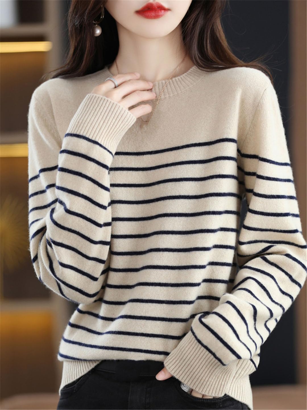 Women’s Wide Stripe Cotton Pullover Sweater – Loose Fit, O-Neck, Lightweight Knit For Spring & Fall