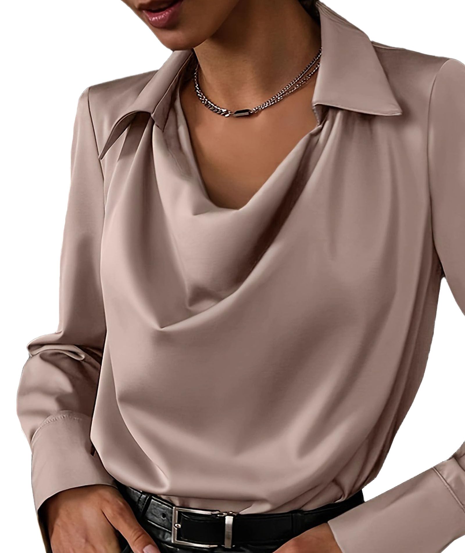 SOMTHRON Chemisier élégant en satin de soie pour femme, col bénitier froncé sur le devant, manches longues, pour le travail, le bureau