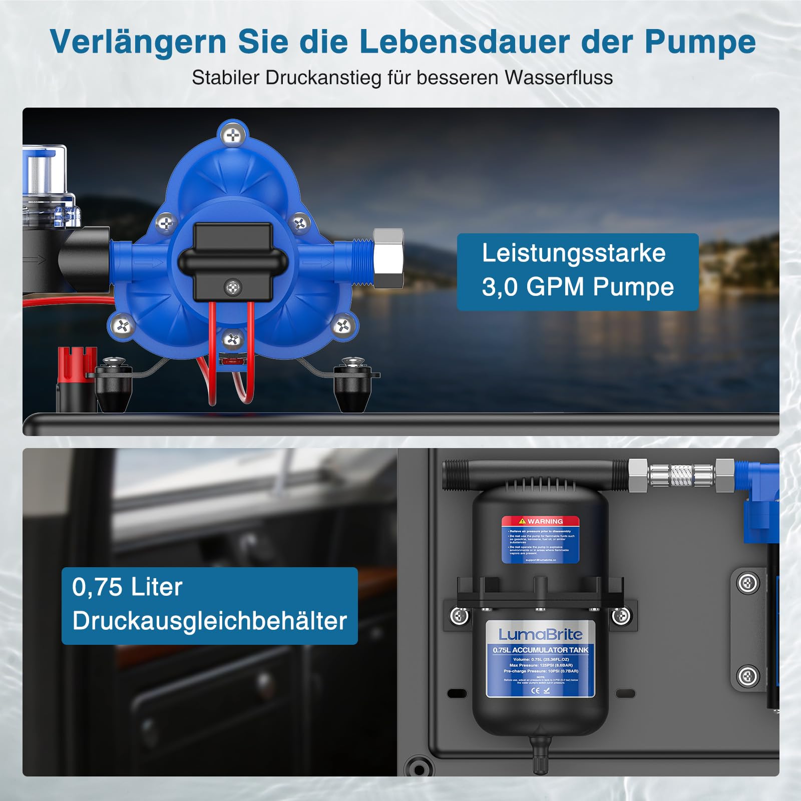 DC 12V Wasserdrucksystem - Wasserpumpe 12V Membranpumpe Selbstansaugende 3.0GPM 50 PSI und 0.75L 125 PSI Druckausgleichsbehälter Wohnmobil für Camping Gartenbewässerung, Boote