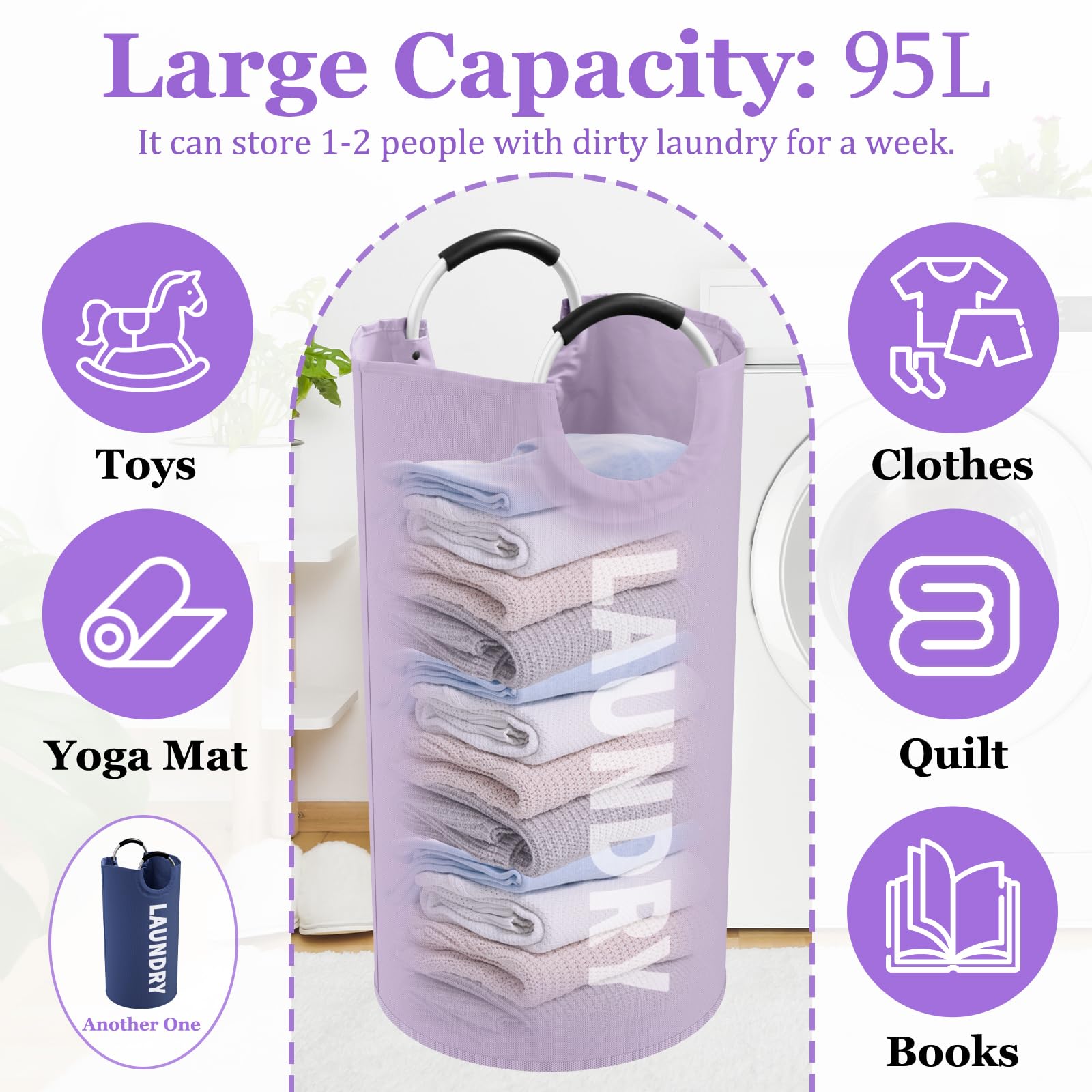 Set di 2 cesti portabiancheria grandi, 95 l, pieghevoli, con manici in alluminio, portatili, per camera da letto, viaggi, viola e blu navy