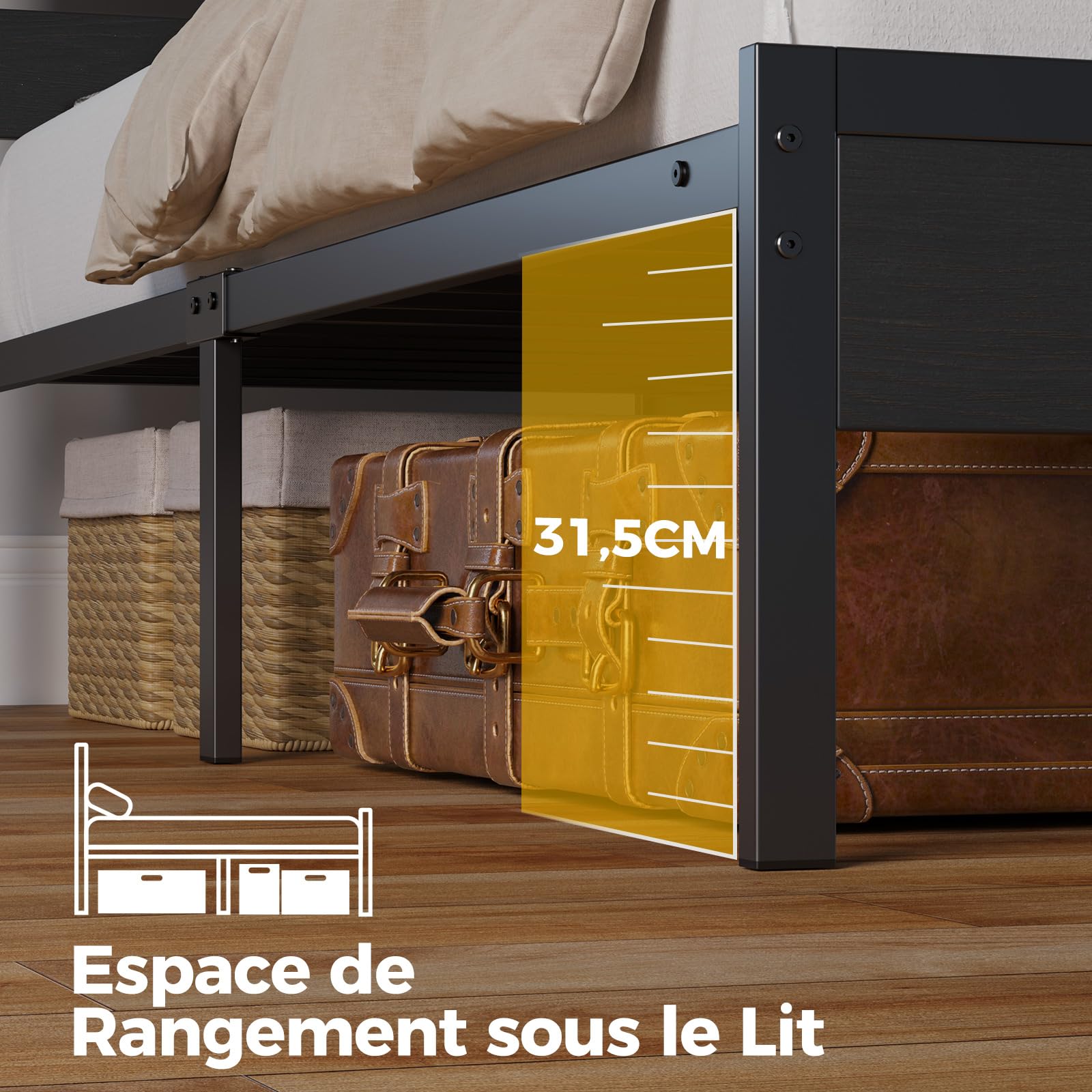 Rolanstar Lit 140x200 avec Sommier Métal, Cadre de Lit 2 Personnes avec Éclairage LED d’Ambiance, Ports USB & Type-C, Tête de Lit avec Rangement, Noir