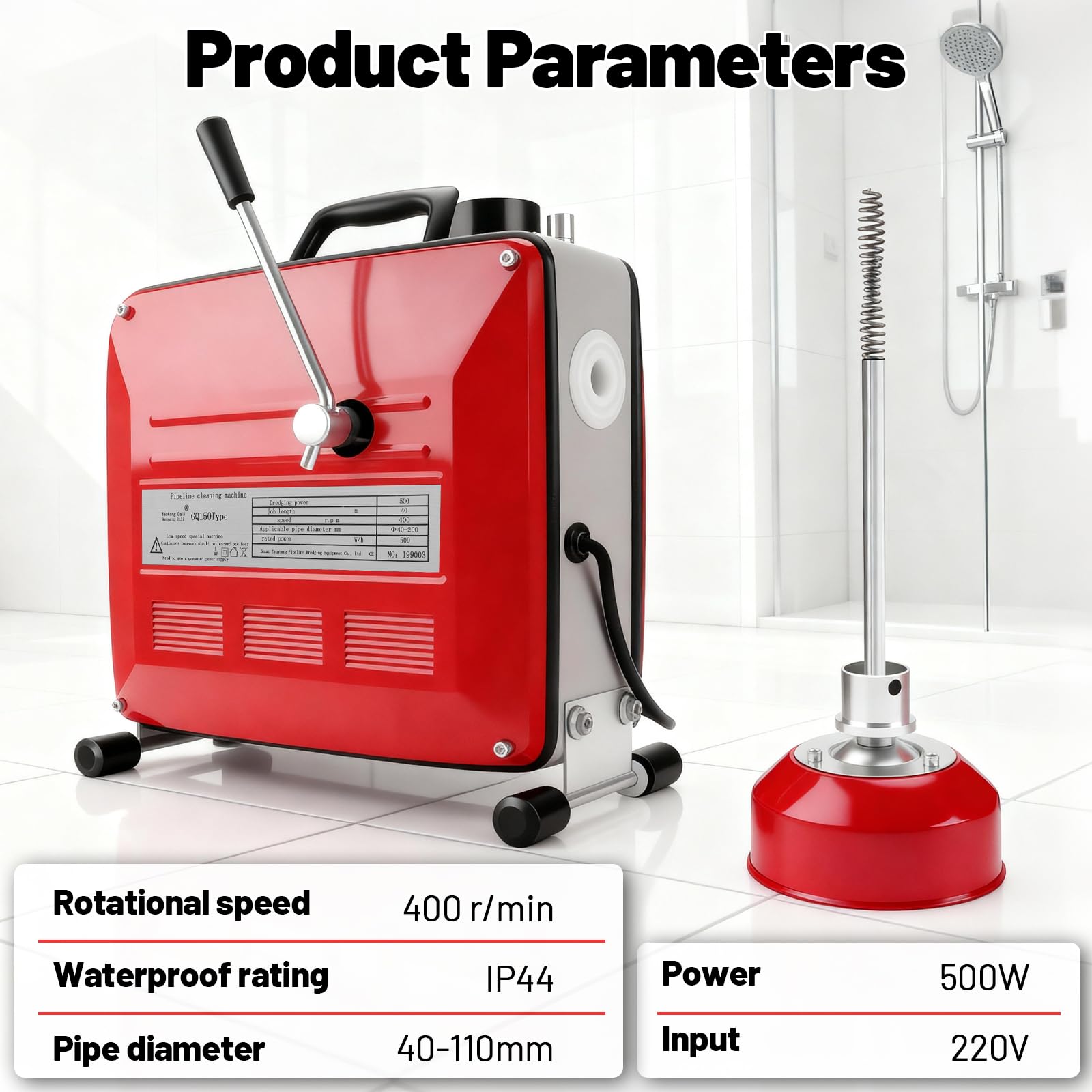 KAOLALI 500W Macchina Sturatubi Elettrica,ulitore Elettrico di Scarico Tubo | 400 Giri/Min,con 6 Taglierine e 20M Molle,Pulitrice per Tubi di Scarico per Pulizia Fognature Docce Bagni Cucine