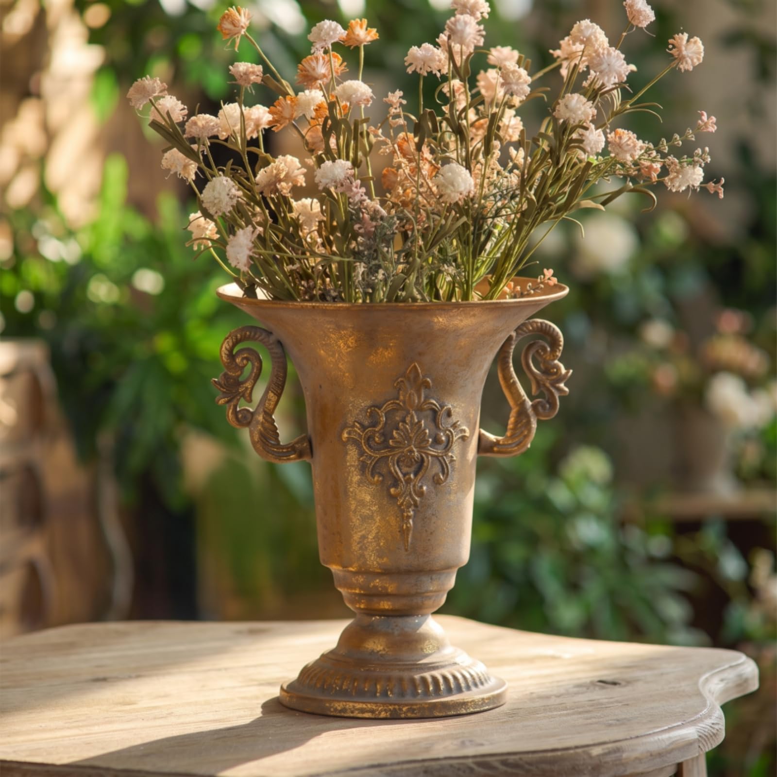 Vaso in Metallo Manici Retrò | Finitura Oro Invecchiato, Antico, Centrotavola, per Matrimonio, Organizzatori di Matrimoni, Fioristi