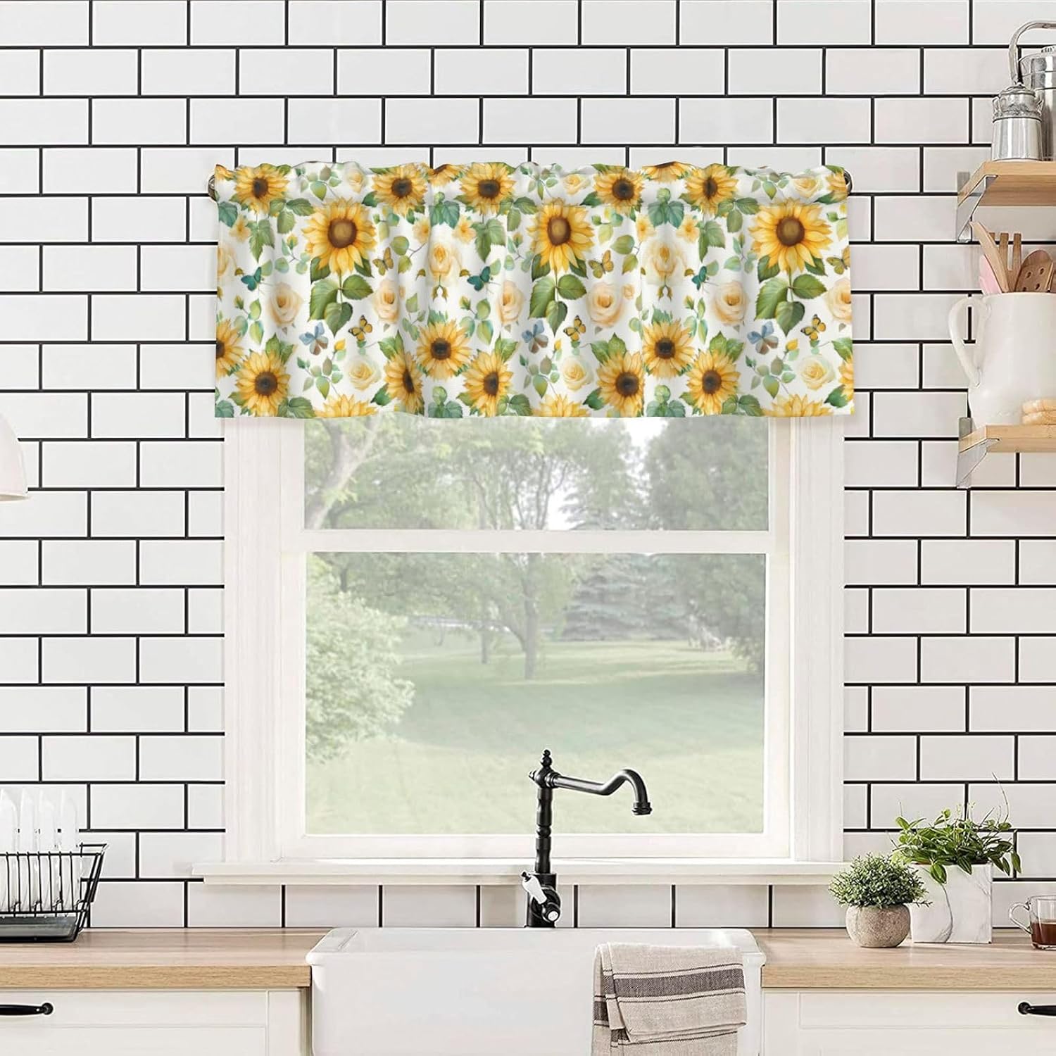 Valance for Windows Sunflower Rose Floral Butterfly Decorative Rod Pocket Kitchen Curtain Valances Short Window Valance Curtains for Living Room Bedroom Bathroom 1 Panel 54x18Inch