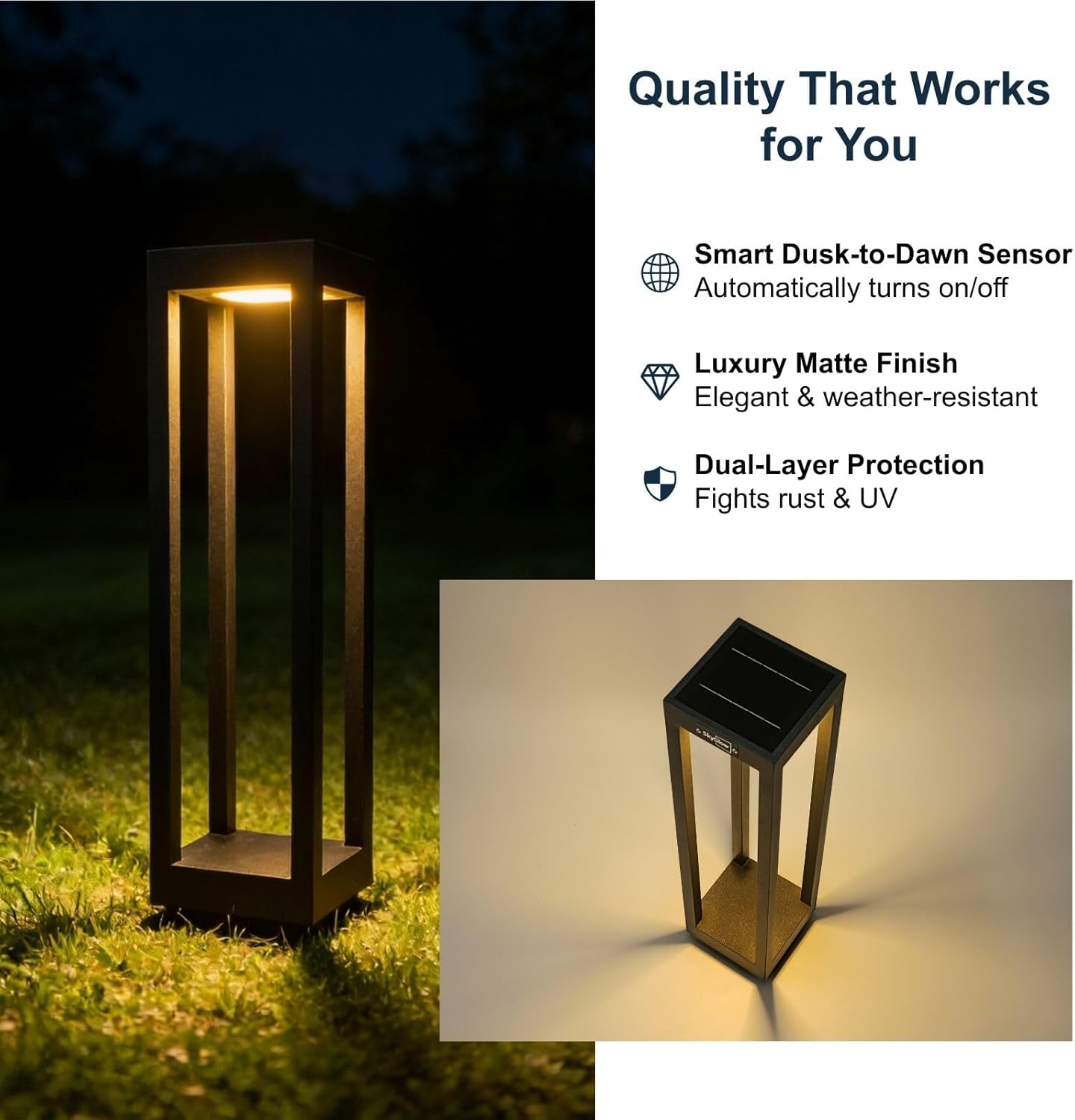 SkyGlow 24" Solar Pathway Light, Stainless Steel LED IP55 Outdoor Waterproof Curb Appeal Modern Landscape Path Bollard Lights for Garden, Lawn, Patio, Courtyard and Driveway Decoration