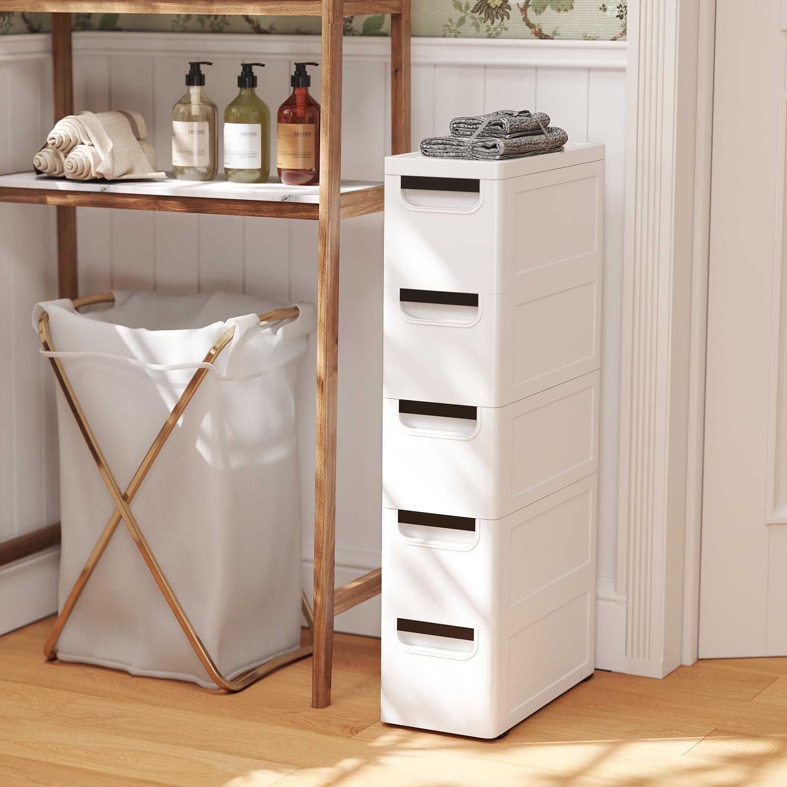 Schmaler Badezimmerschrank auf Rollen, Schmaler Badezimmerschrank mit 3/4/5 Schubladen, Mobiler Schubladenschrank, Freistehender Kompakter Schrank, Organizer für Wohnzimmer (5 Schubladen)
