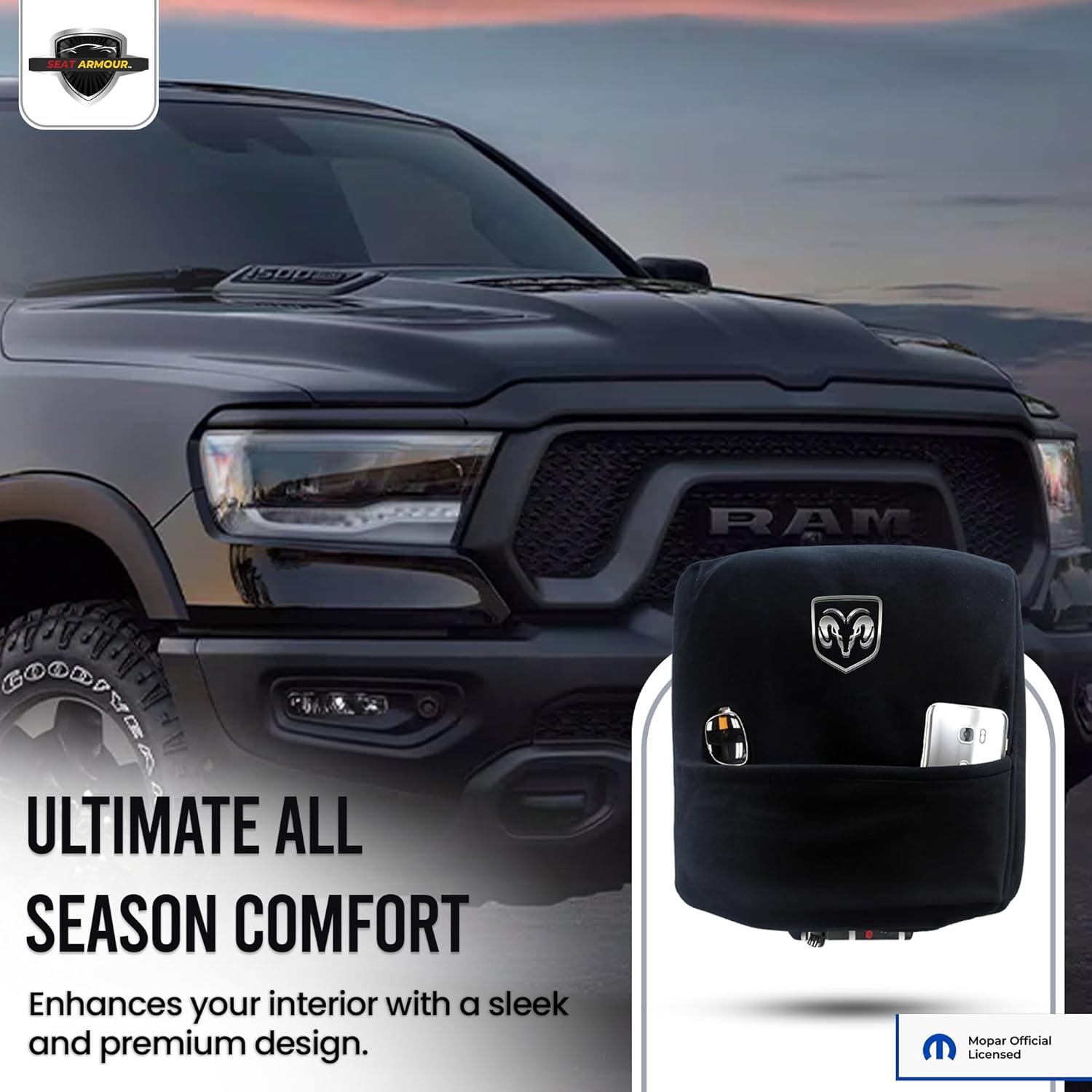 Premium Console Armrest Cover for Dodge Ram (2010-2025) with Bucket Seats – Soft, Machine Washable Console Lid Protector – Easy to Install, Plush & Durable – Black