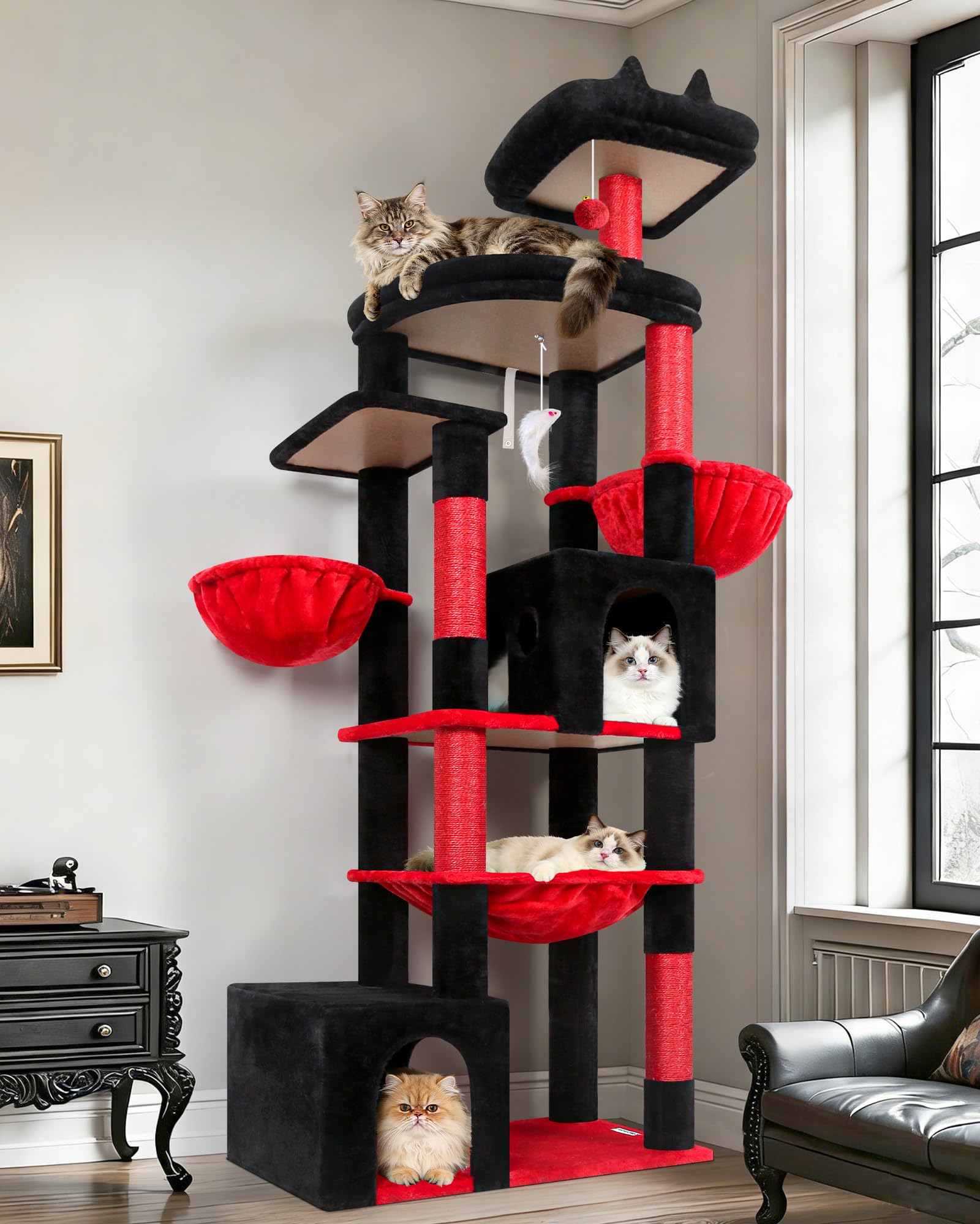 Globlazer Arbre a Chat Noir Rouge XXL 193 cm avec 2 Grande Niches, Immenso Hamac, Vaste Plate-Forme, 2 Panier, Perchoirs, Énorme Gothique Arbres à Chats Stable pour 3-5 Gros Chats (S76B, Noir Rouge)