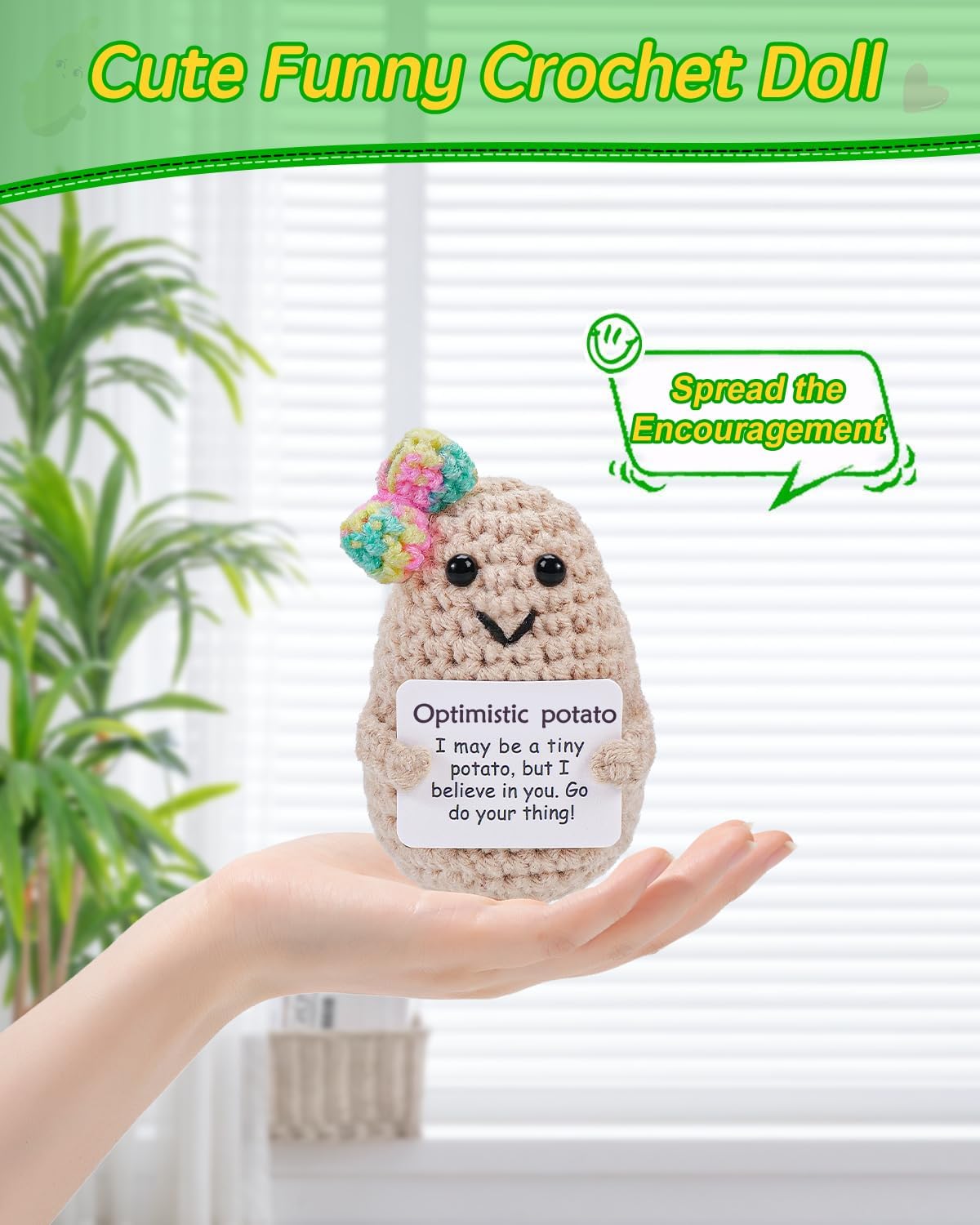 JELUTAR Mini Funny Optimistic Potato, 3 inch Knitted Doll with Card for Cheer Up Gifts and Party Decorations, Cute Optimistic Potato Crochet Doll for Birthday Gifts (Potato with Rainbow Bow)