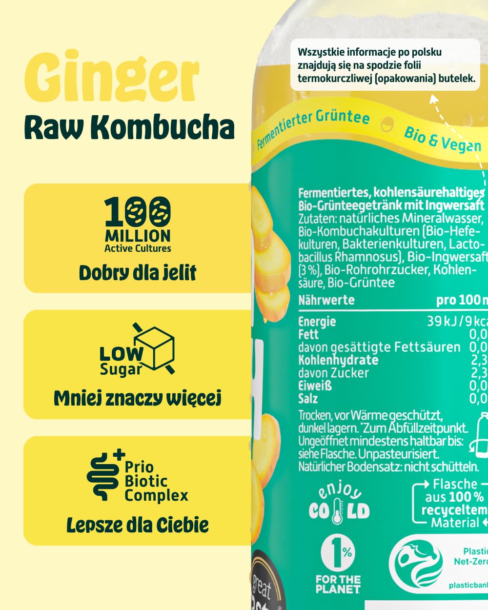 KOMBUCHERY® Surowy Kombucha Imbir EKO | 12 x 400ml | Fermentowana herbata z aktywnymi kulturami dla jelit | Niska zawartość cukru i kalorii | Niepasteryzowany, probiotyczny