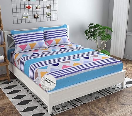 DECOMIZER Cotton Feel All Around Elastic Fitted Glace Printed King Size Double Bed Bedsheet with 2 Large Pillow Covers Fits Upto Mattress of 8 Inches,Size - 72 x 78 x 10 Inches,Sky Blue Triangle