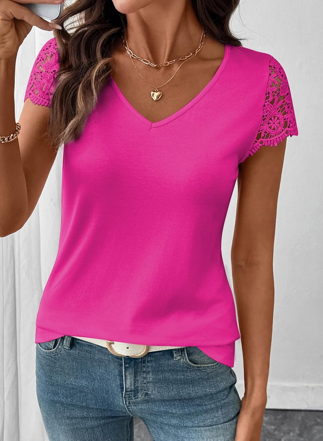 SHEWIN Womens Lace Tops Casual V Neck Short Sleeve Shirts Loose Tunic Top 2026 - Image 2