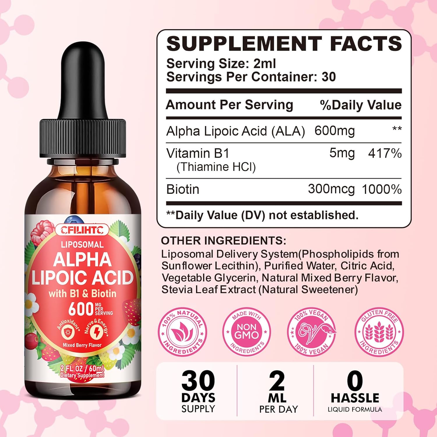 Liposomal Alpha Lipoic Acid 600mg Drops- Liquid Alpha Lipoic Acid Supplement with Biotin & Vitamin B1 - Supports Antioxidant, Energy, Nerve & Brain Health - Mixed Berry Flavor 2 FL OZ - Image 4