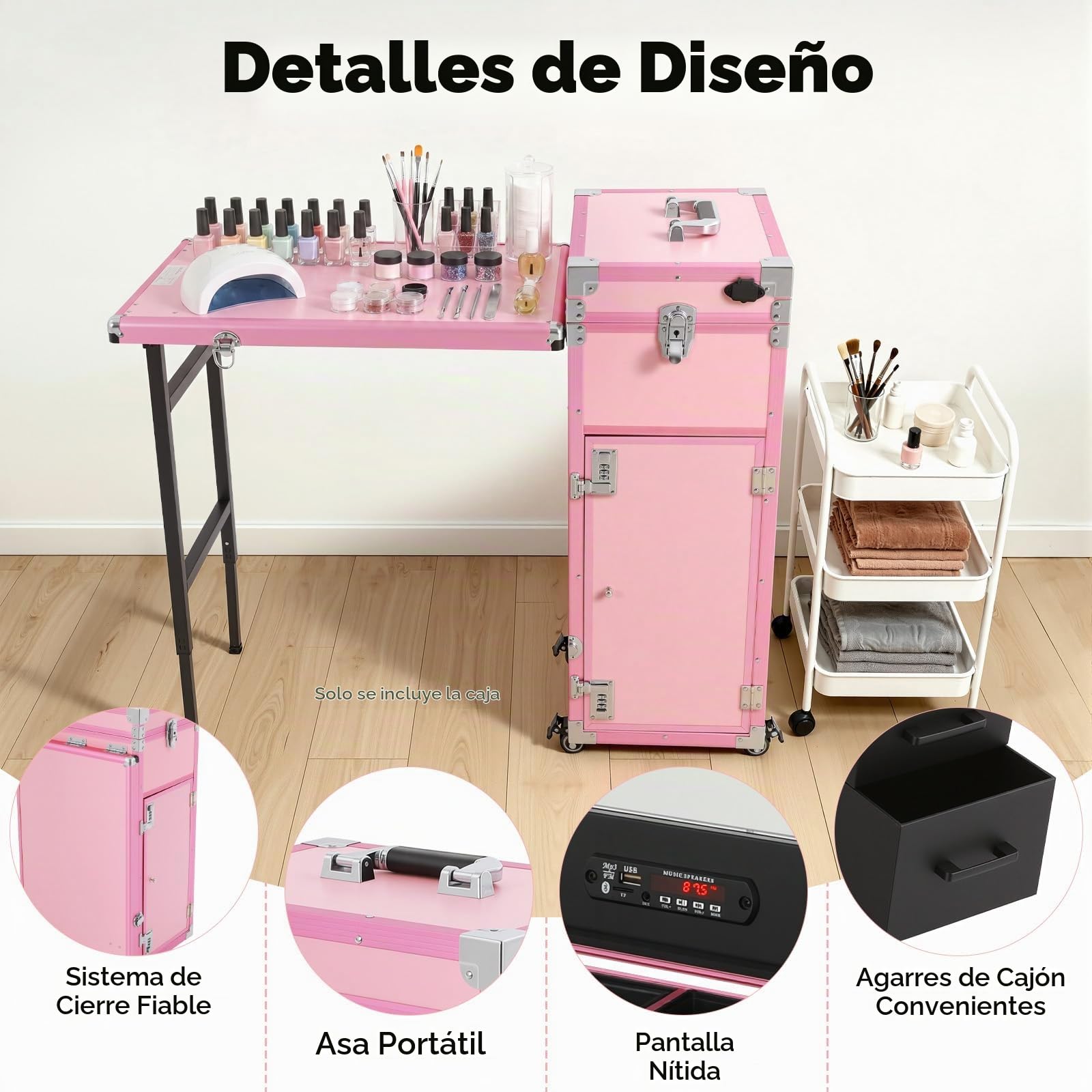Maleta de maquillaje rosa para cosméticos, para peluquería, maletín de maquillaje, maletín de uñas, estuche de belleza, peluquero, maletín con ruedas