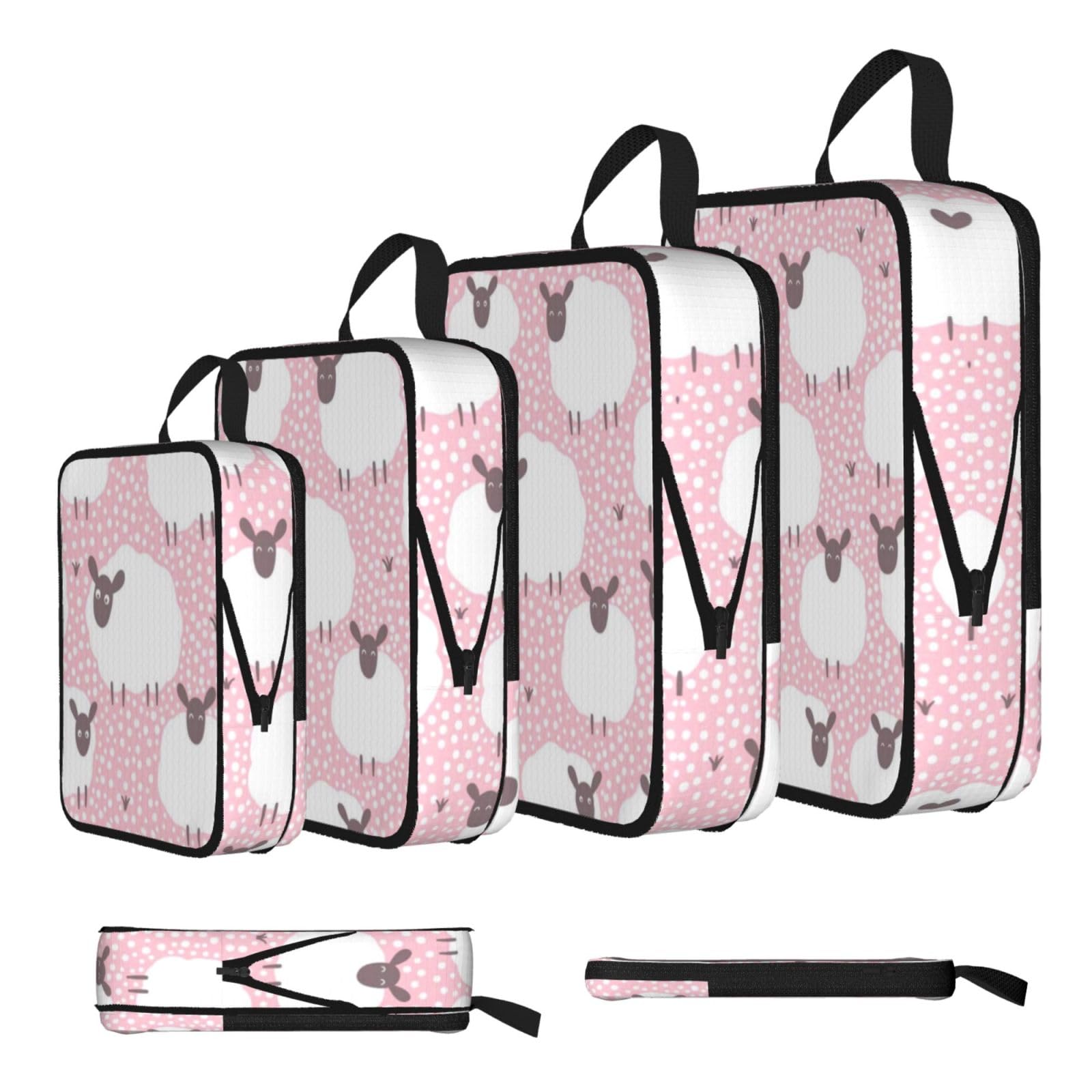 White Sheep On Pink Background Print Compression Packing Cubes 4-Piece Set With Multi- Compartment Travel Bag, Waterproof Suitcase Organiser Bags