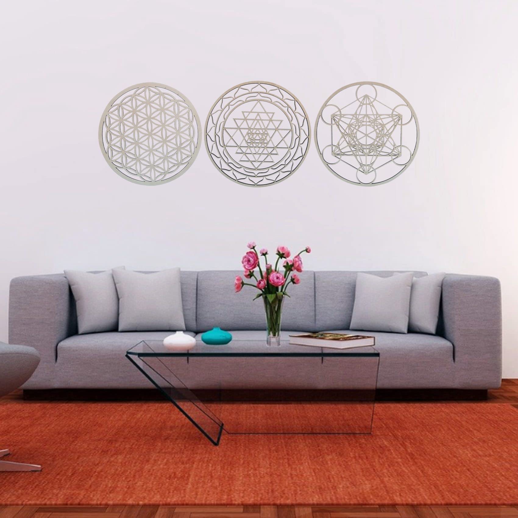Fourth Level MFG Fleur de vie 83,8 cm Art mural en bois à géométrie sacrée, sculpture de graine de vie, décoration d'intérieur zen pour yoga et méditation, panneau de grille en cristal