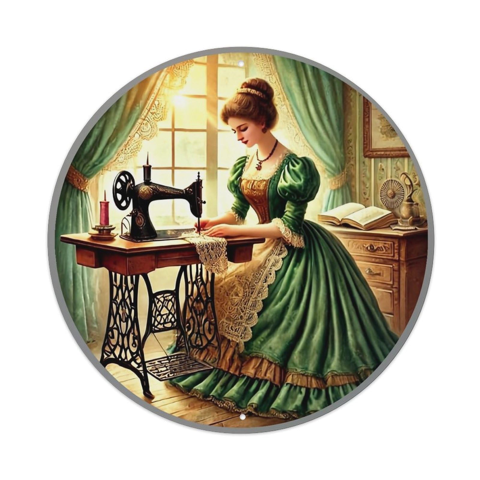 Victorian Sewing Machine Lady Retro Metal Sign Round Tin Sign, Vintage Decor Art Poster for Bar, Home, Man Cave, Kitchen, Laundry Room Gift 8x8Inch