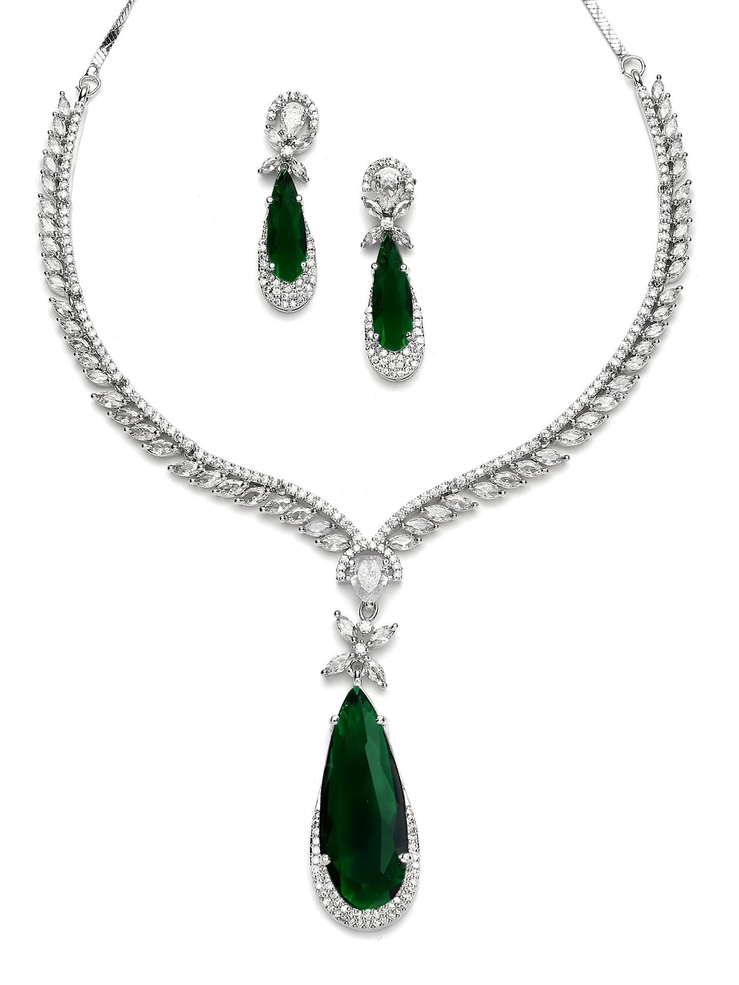 karatcart Silver Tone Green Drop Shape American Diamond Studded Jewellery Set for Women-picture-49