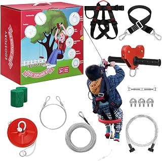 EDOSTORY 160FT Backyard Zipline Kit for Kids & Adults up to 330lbs - Stainless Steel Spring Brake, Safety Harness, Red