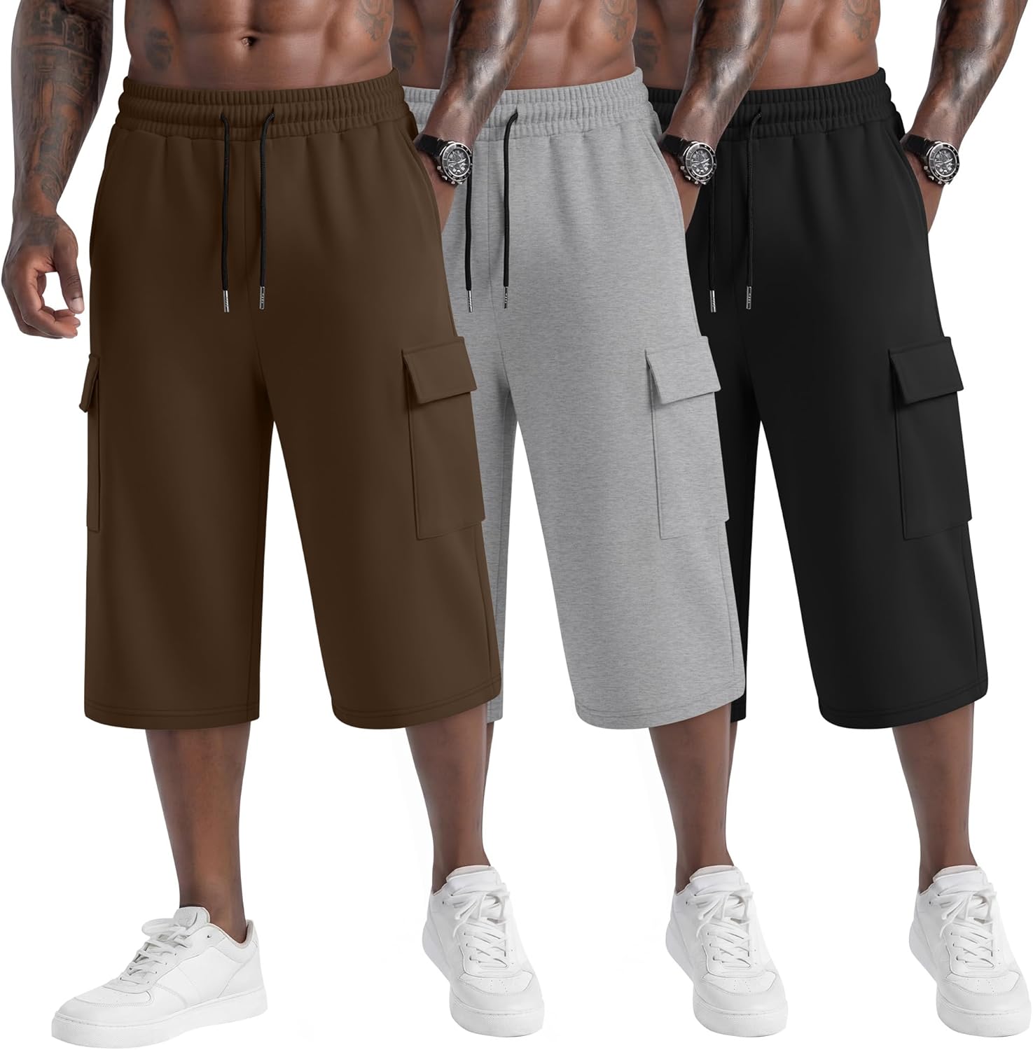 Neer 3 Pack Men's Capri Cargo Pants Big and Tall Baggy 3/4 Shorts Drawstring Below Knee Pants Summer Casual with Pockets