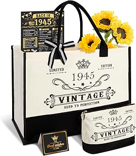 YeohJoy 80th Birthday Gifts for Women Canvas Tote Bag Travel Gear, Unique 80 Years Old Birthday Gifts for Mom Wife Aunt Friends Her, Vintage 1945 Handbag & Cosmetic Bag & Back in 1945 Poster