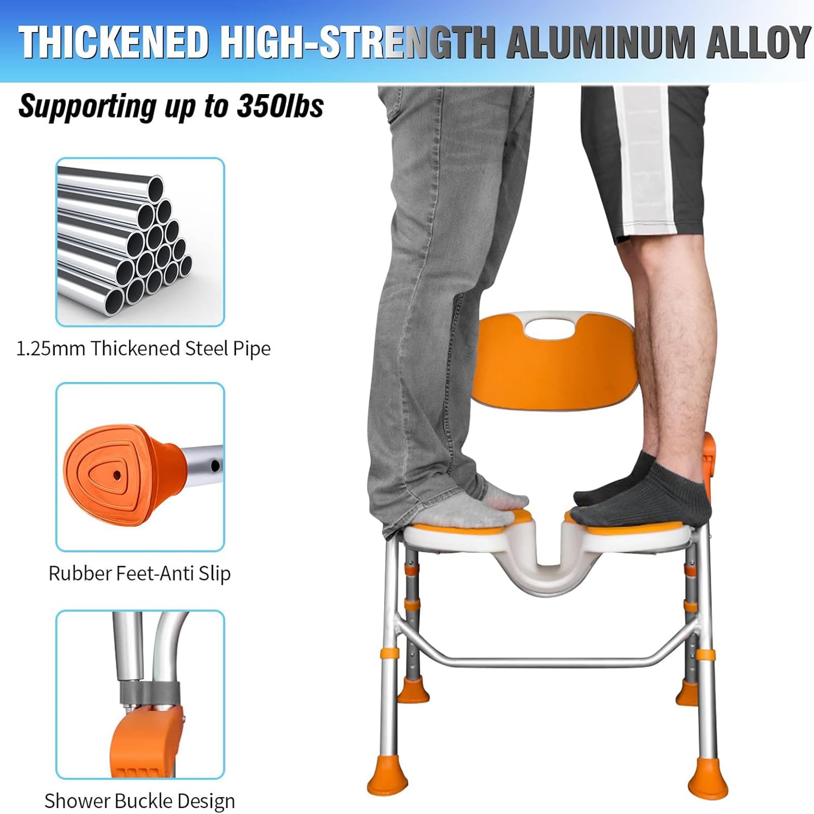 Silla de Ducha con Brazos, Taburete de Ducha Plegable con Respaldo, Silla de Ducha Regulable en Altura para Personas Mayores, Embarazadas, Discapacitados