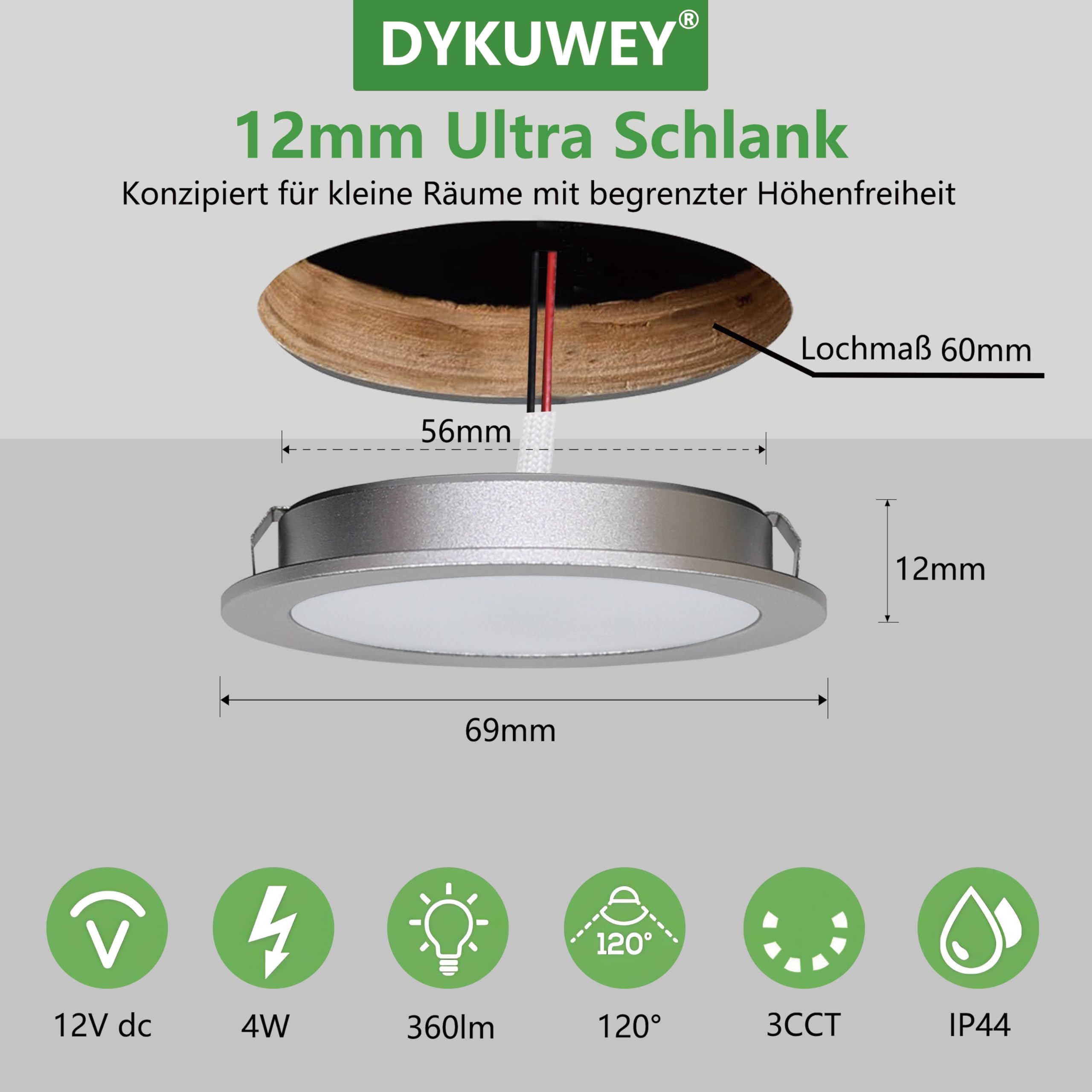 Faretto da incasso a LED, 4 W, bianco caldo, bianco neutro, 12 V, dimmerabile, diametro foro 60 mm e 12 mm, IP44, faretto da incasso per roulotte, cucina, con trasformatore da 230 V, set da 4 pezzi