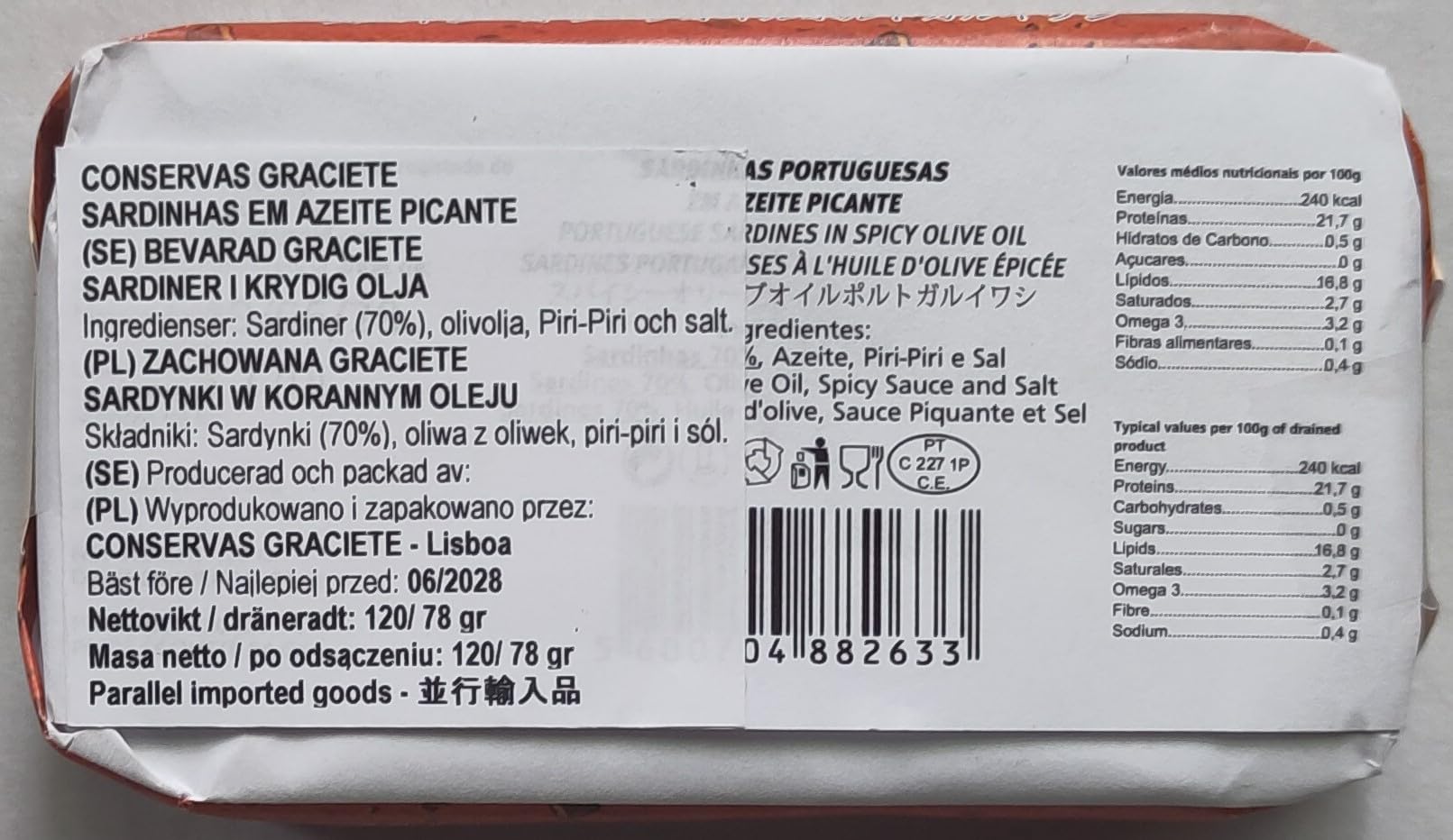 Conservas GRACIETE - Sardine intere All'Olio di Oliva piccante/Prodotto Gourmet del Portogallo - 5 x 120 gr Pack