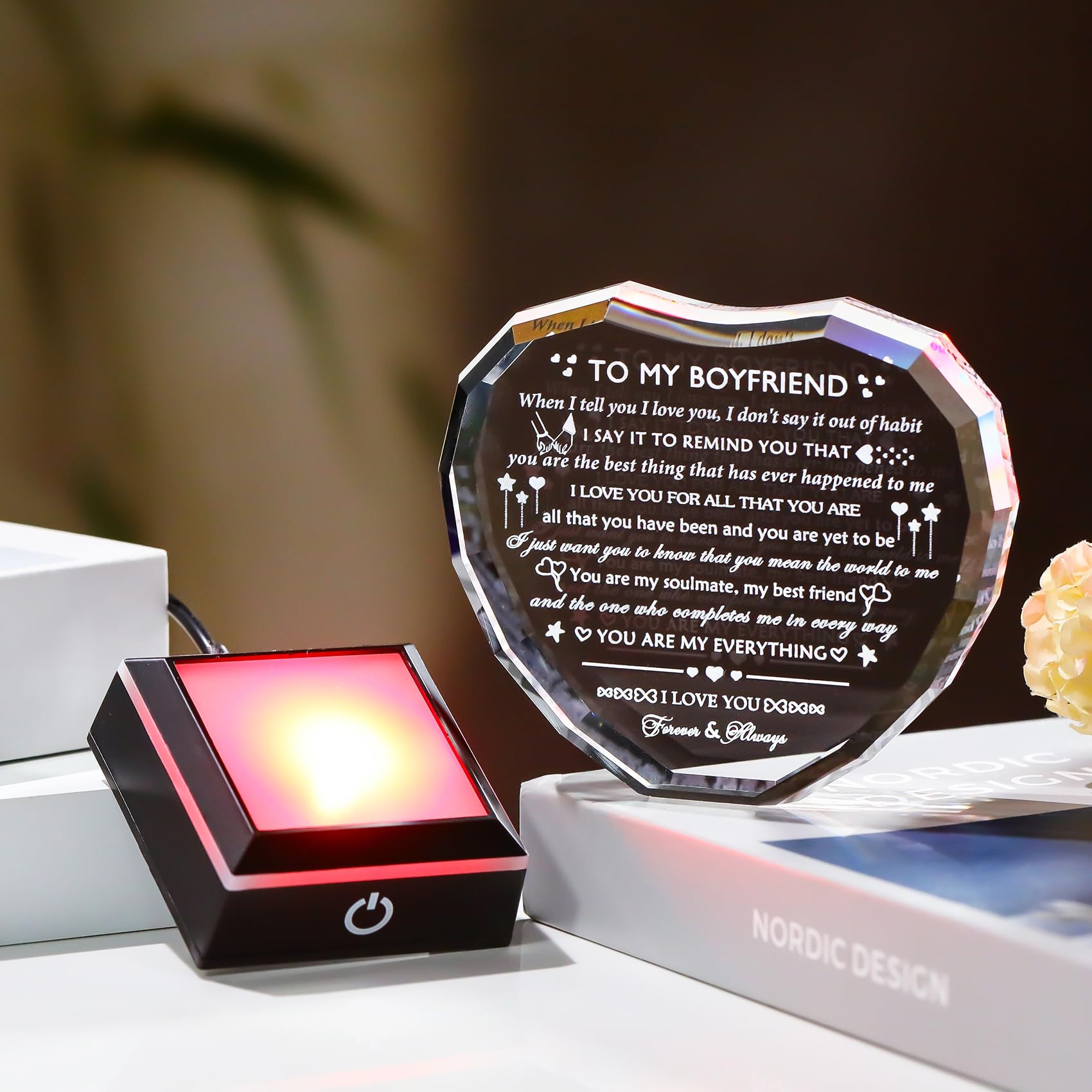 Arikyrist Regali romantici per fidanzato con base a LED per fidanzato, anniversario, compleanno, idee regalo da fidanzata cuore di cristallo al mio fidanzato I Love You regalo per lui per San