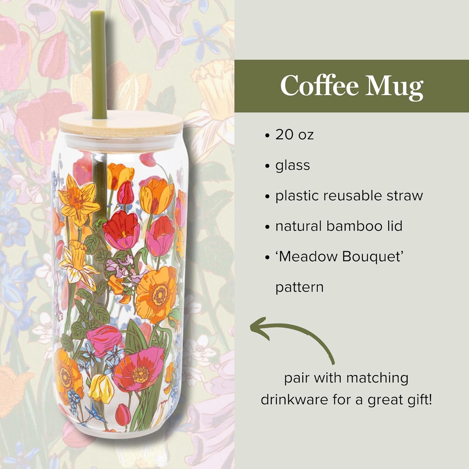 Glass Tumbler with Straw and Lid, 20 oz Ice Coffee Cup, Cute Glass Cup with Bamboo Lid (Meadow Bouquet) - Image 3