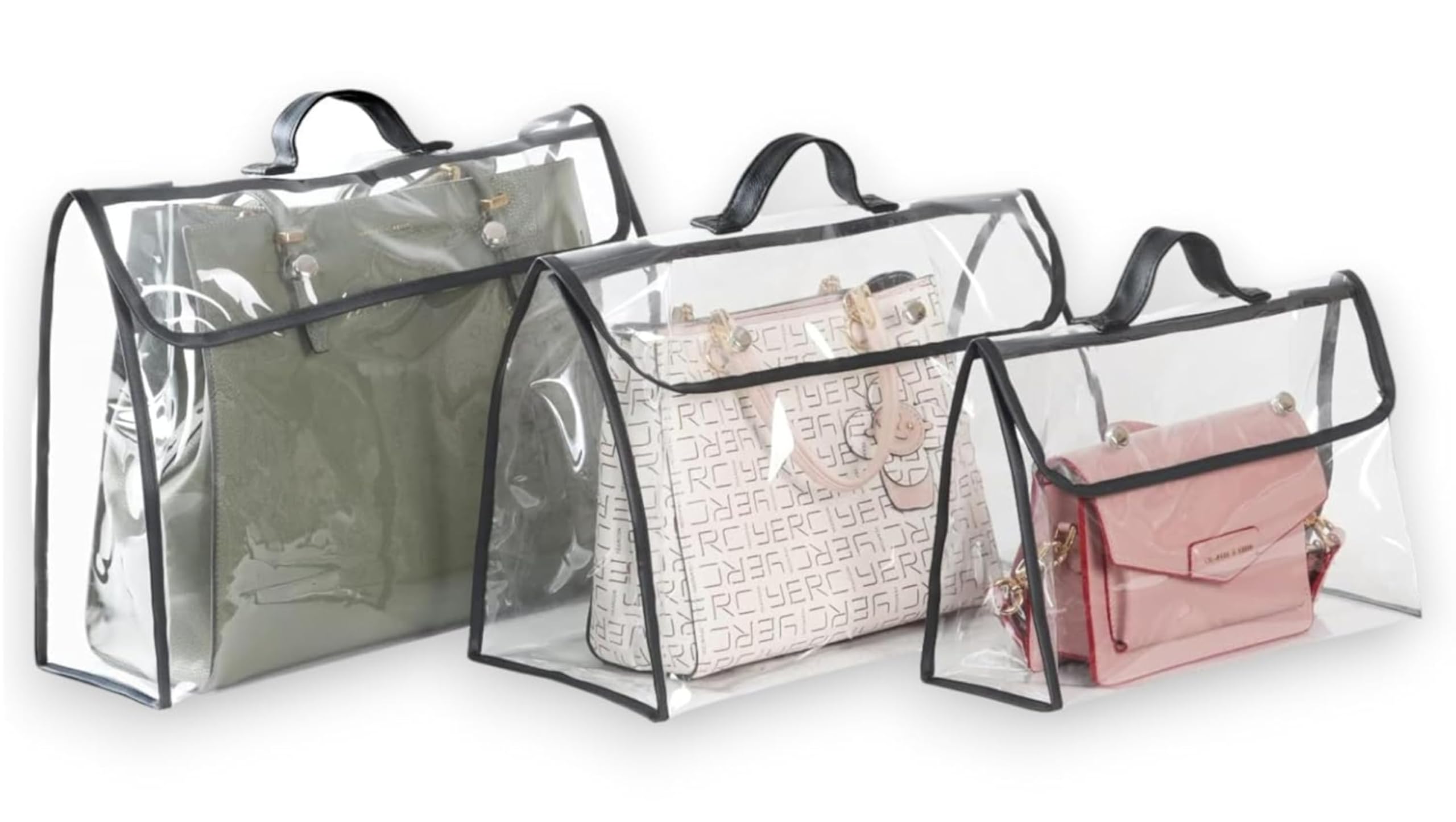 RAAHII 3 piece Transparent Dust proof Handbag cover foldable hanging storage organizer for ladies handbags, purse, Tote bag, clutch for wardrobe/closet storage with zipper. (3 PIECE 3 SIZES)