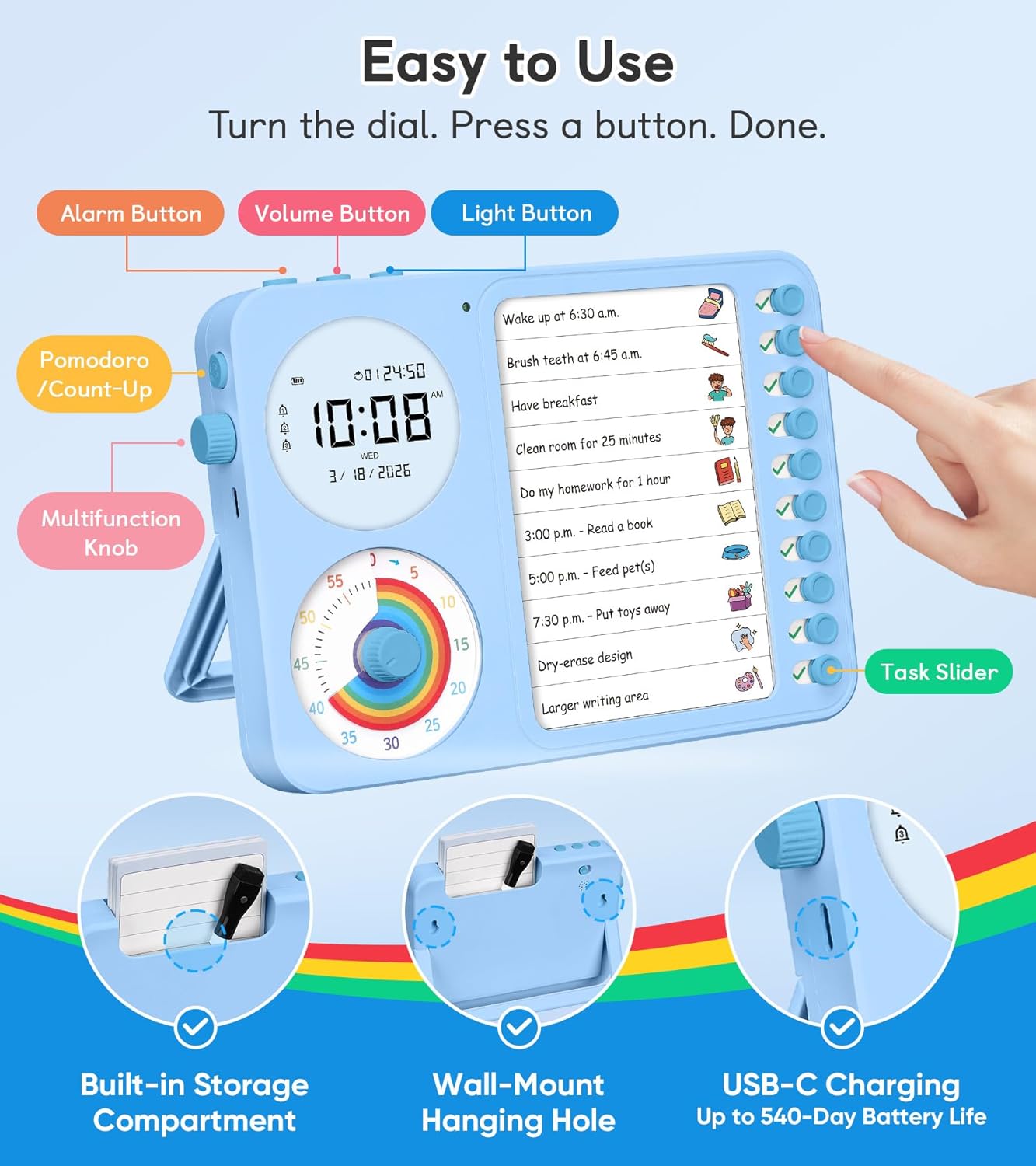 3-in-1 Visual Timer & ADHD Tool for Kids – ADHD Task Timer for Adults with Visual Schedule, Chore Chart & Planning Board for Home, School, Classroom, Work (Blue)