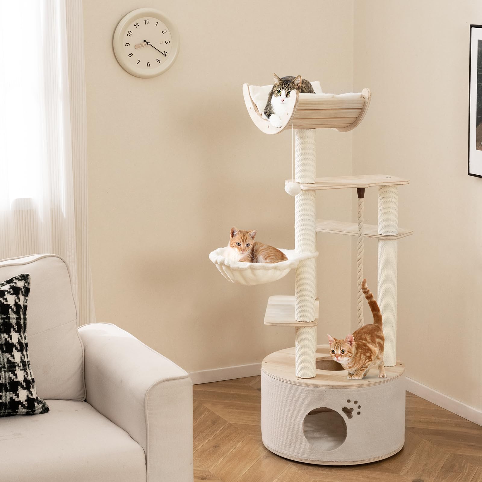 COSTWAY 141 cm Árbol Rascador para Gatos de Madera, Torre para Gatitos Multinivel con Condo, Cama Curvada, Hamaca, Postes Rascadores, Bola Colgante y Cuerda, Cojines Lavables, Castillo Gatos Interior